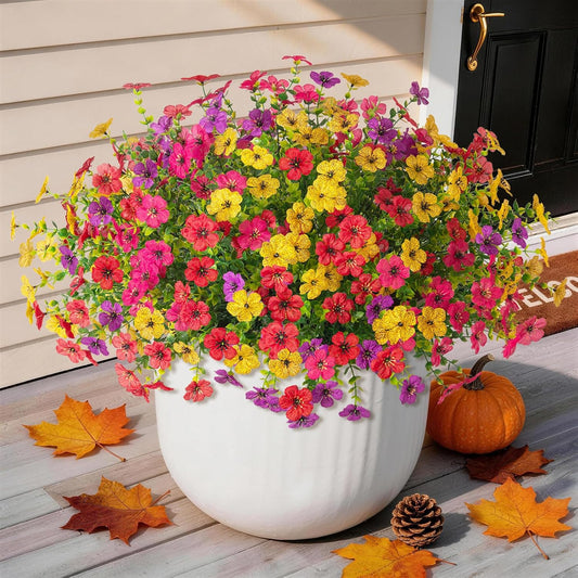 Artificial Fake Flowers Plants for Outdoors, 12 Bundles Multicolor Faux Silk Flower Spring Summer Decoration, UV Resistant No Fade Artificial Outdoor Plant for Home Planter Porch Patio Yard Decor WN420