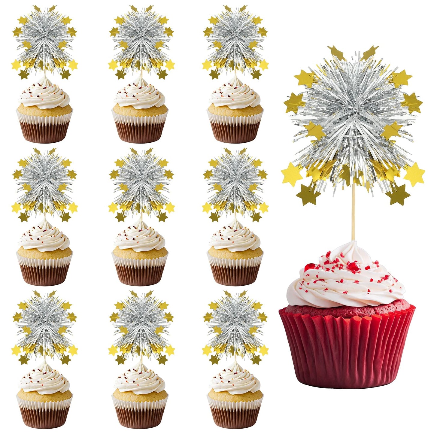 PATIKIL Firework Cupcake Toppers, 50 Pcs Sparkle Tinsel Snow Cupcake Picks Birthday Party Graduation Wedding Foil Decor Cocktail Food Fruit Toothpicks Christmas, Red BST326H