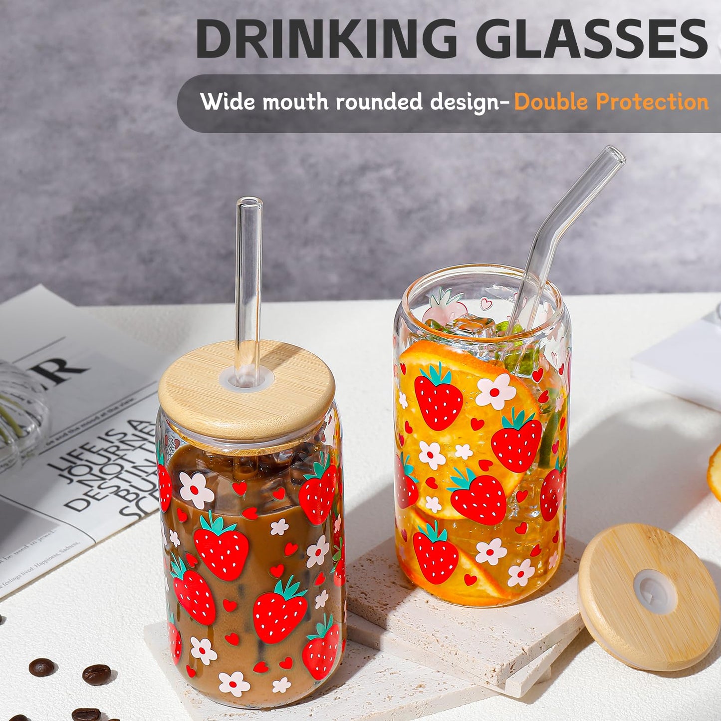 DWTS DANWEITESI Glass Cups “20oz”,Glass Cups with Lids and Straws 4 pcs-Coffee Cups,Drinking Glasses Set,Glass Tumbler with Straw and Lid Gift 2 Cleaning Brushes 600ml BST202