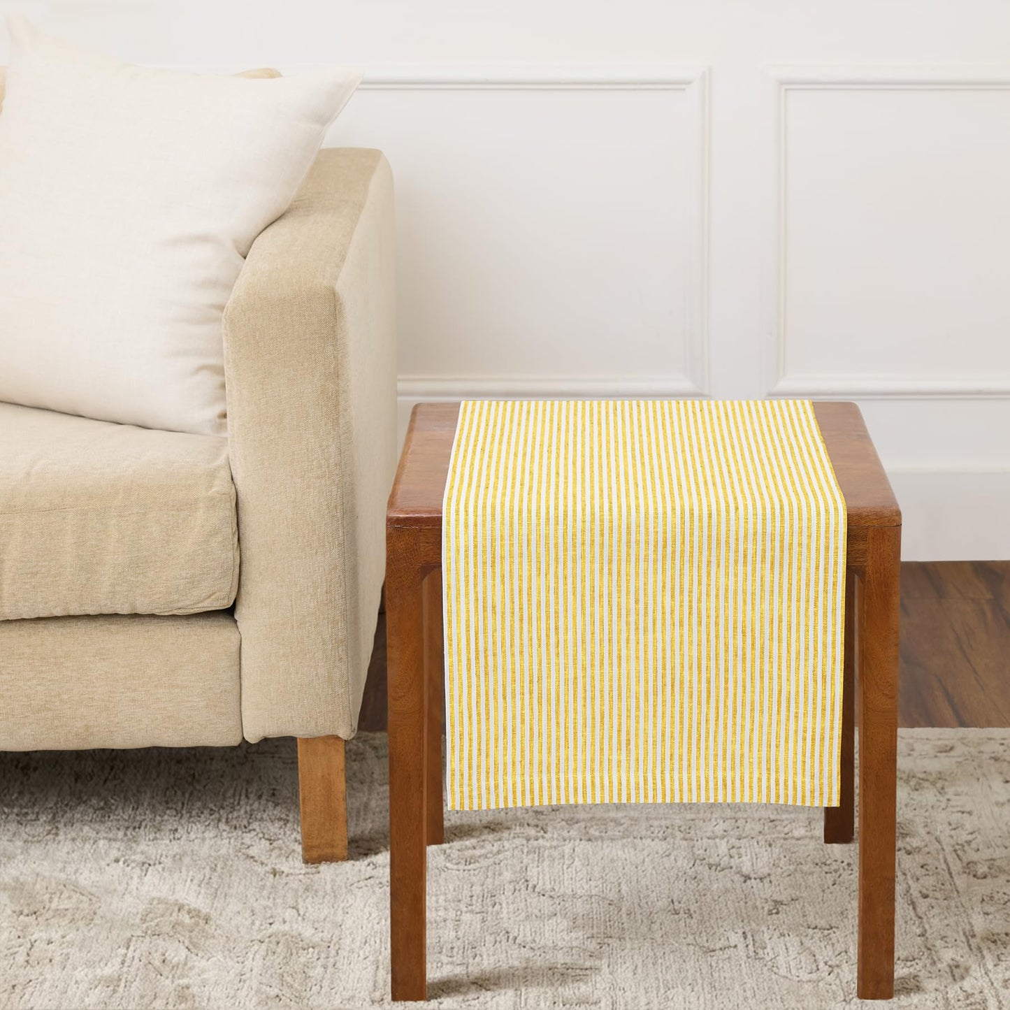 Solino Home 100% Pure Linen Table Runner Stripe Striped, Julia 14 x 72 in | Table Runners for dining, hallway and console tables; woven stripe, mitered corners; Muted Pastel Stripe; OEKO-TEX Certified BST326SOLH