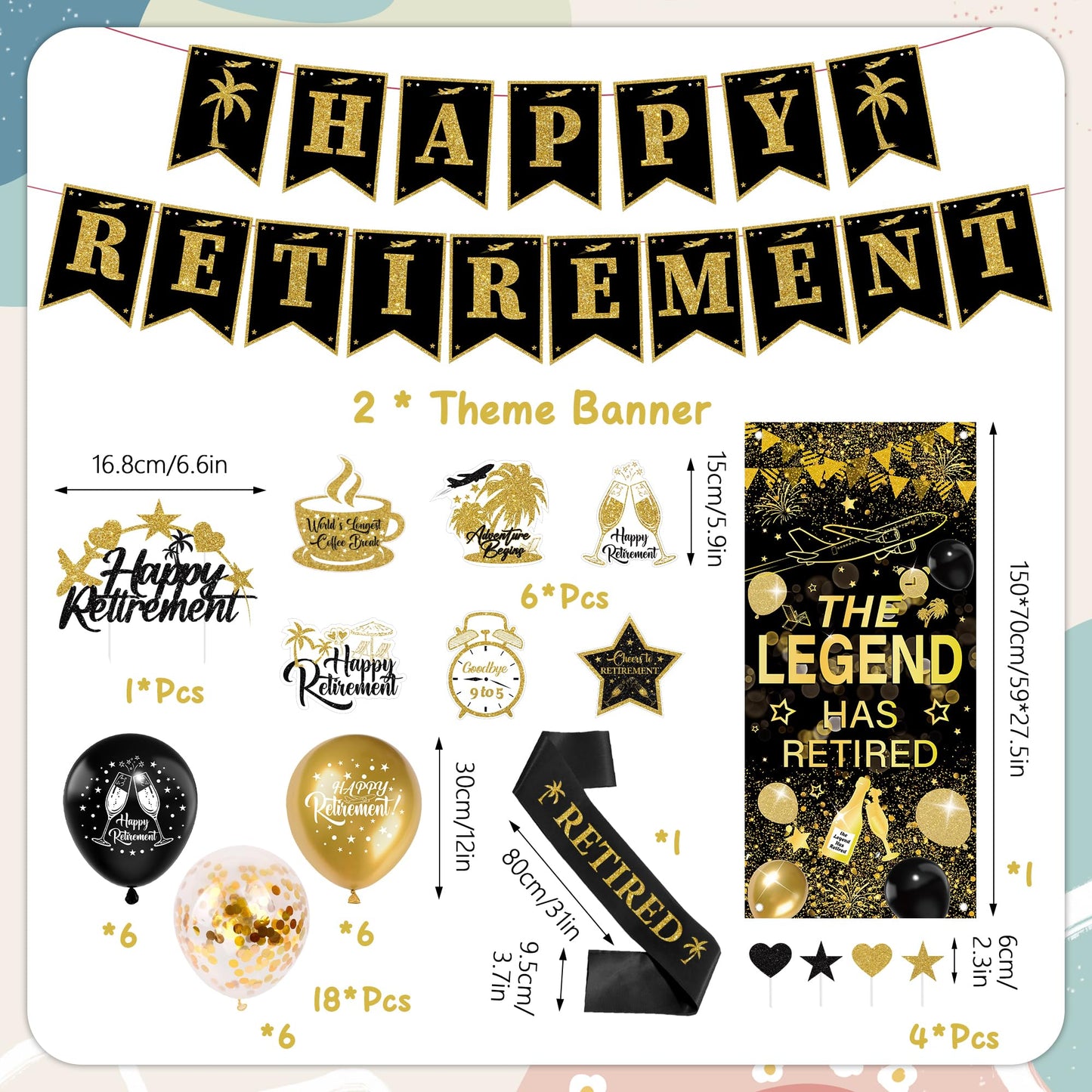 Happy Retirement Party Decorations Women - 33 Pcs Black Rose Gold Banners Hanging Swirls Glitter Cupcake Cake Toppers Backdrop Sparkling Sash Confetti Balloons for Retire Decoration Party Supplies BST326L
