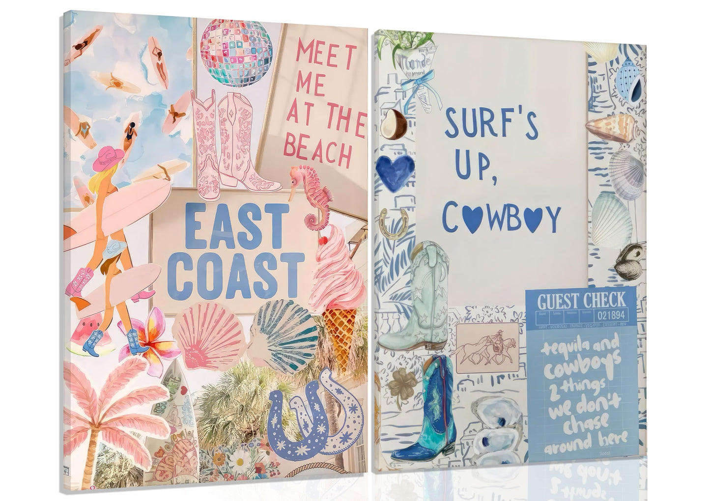 2PCS Pink And Blue Coastal Cowgirl Wall Art Surfboart Wall Decor Unframed | Coastal Girl Posters Beach Pictuers Cowboy Boots Prints for College Girls Dorm Bathroom Gallery Bedroom BST202