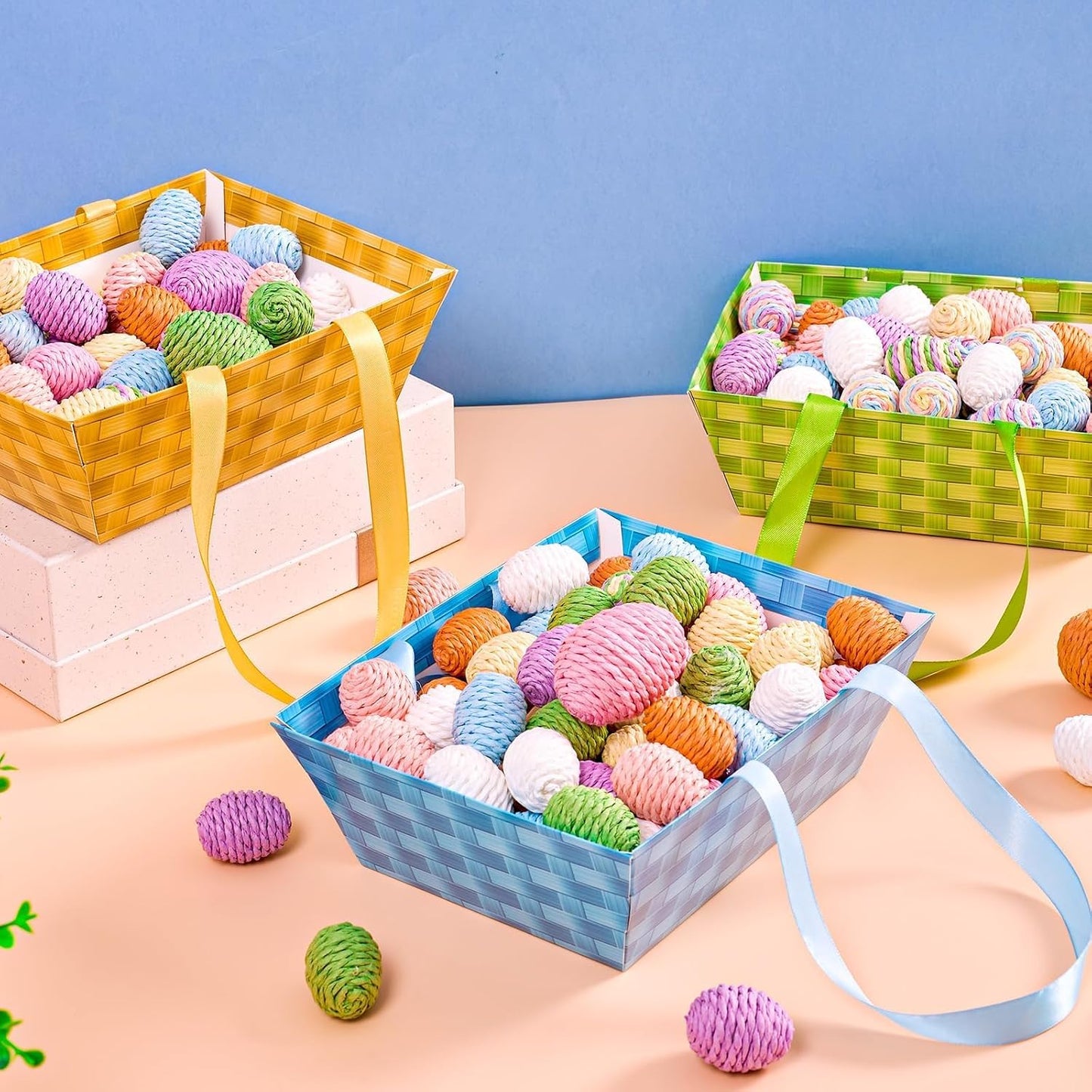 APUDWN 12 Pack Gift Baskets with Handles, Pastel Paper Baskets with Cellophane Bags and Pull Bows, Colorful Gift Containers for Candy Snacks Party Favors Classroom Supplies 9.8 x 7.9 x 3.5 Inch BST220