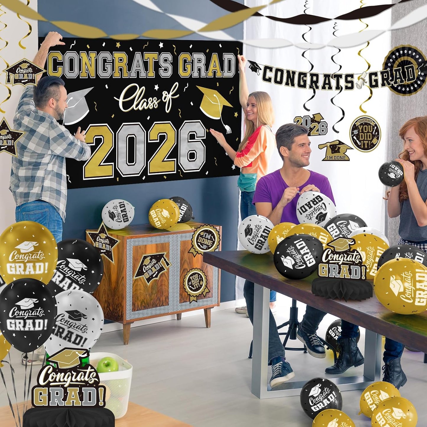 Black and Gold Themed 2026 Graduation Decorations Set - Congrats Grad Banner, Class of 2026 Backdrop, Balloons & Streamers Kit - Graduation Party Supplies for High School & College Celebrations BST326H