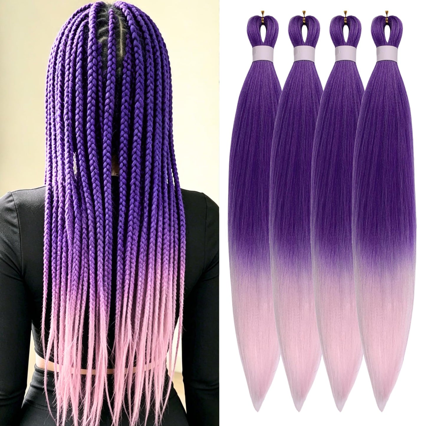 Purple Braiding Hair Pre stretched Knotless 26 inch | Hypoallergenic Synthetic Purple Prestretched Ez Braid Knotless Itch Free Soft Yaki Texture Hot Water Setting WN420