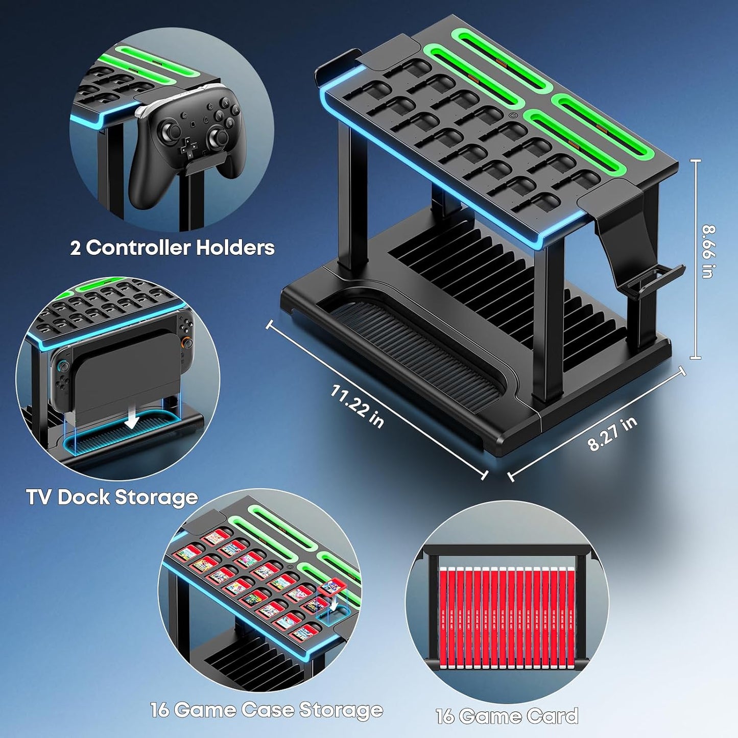 Switch 2 Dock Organizer Station with Joycon2 Charger, 4 Charging Dock for Switch2 Joycons, Storage for 16 Switch2 Games & 16 Game Cases, Pro Controllers & Switch 2 Console Dock Organizer Accessories WN420