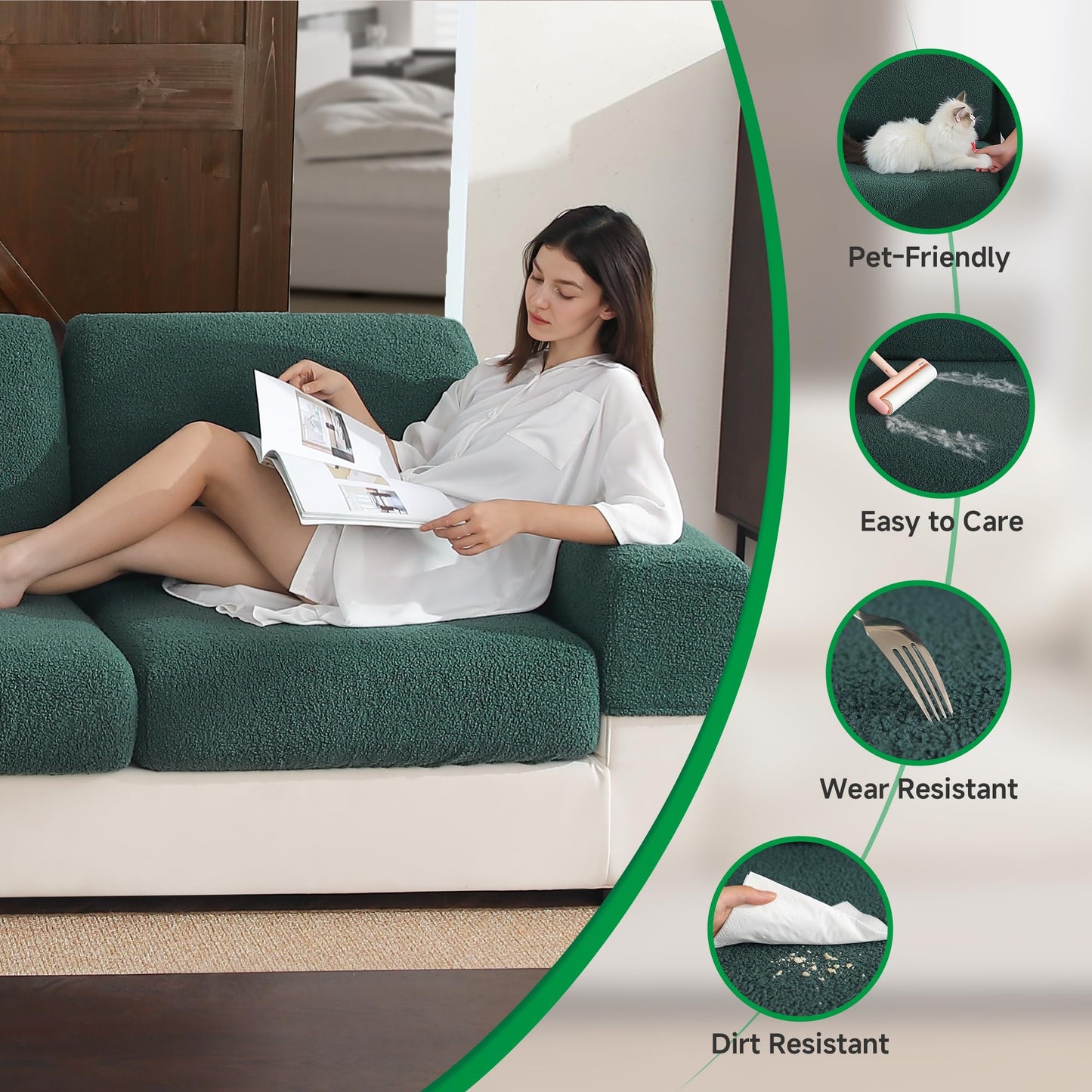 OHSIO Couch Cushion Covers for Sectional Sofa, Stretch Soft Sofa Slipcovers Washable Wear-Resistant Universal Furniture Protector for Living Room(1 Piece Oversized Cover, Green) BST202