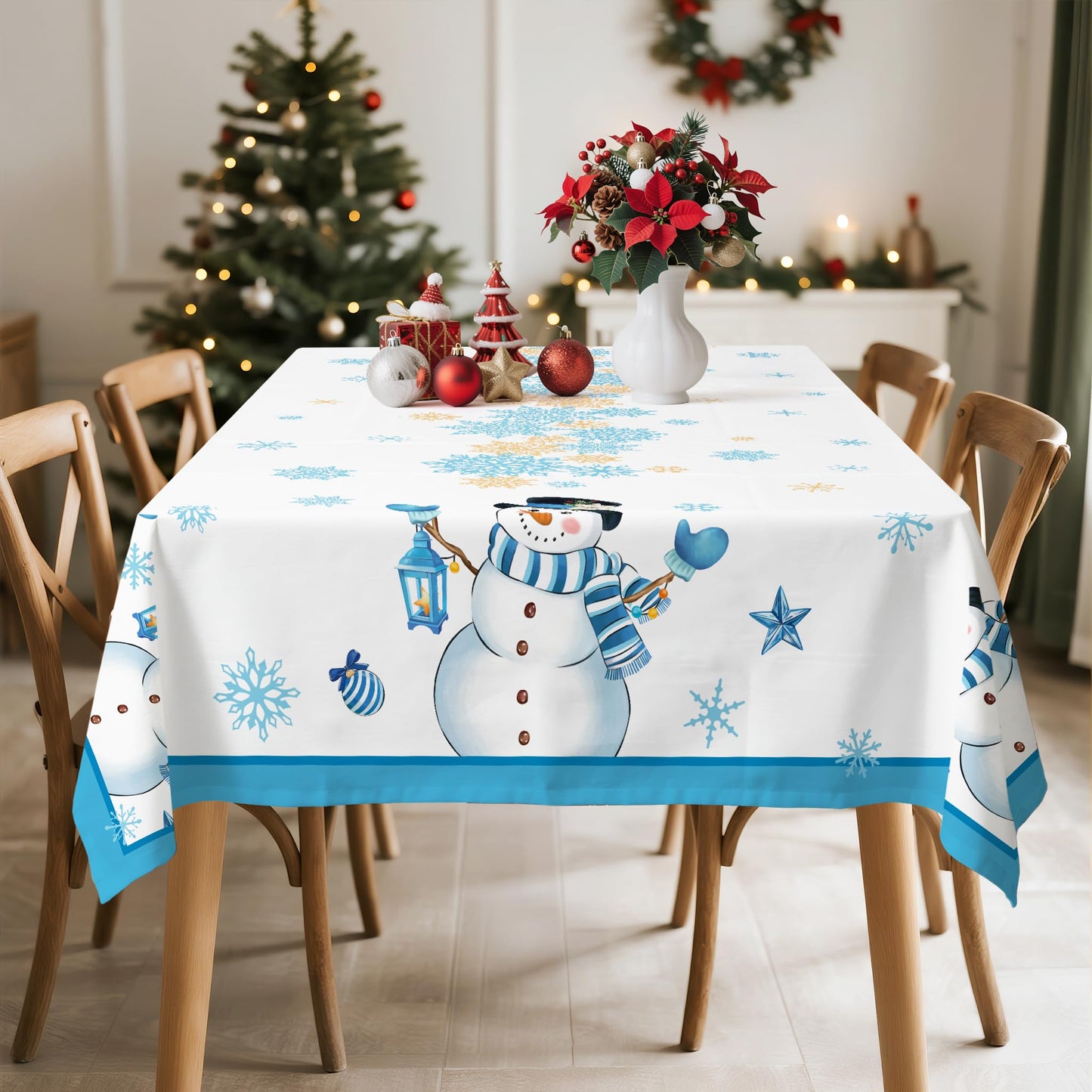Christmas Tablecloth Waterproof, Red Snowman Snowflake Table Cloth Rectangle, Washable Table Cover for Christmas Party Home Kitchen Decoration (60×120 Inch) BST202