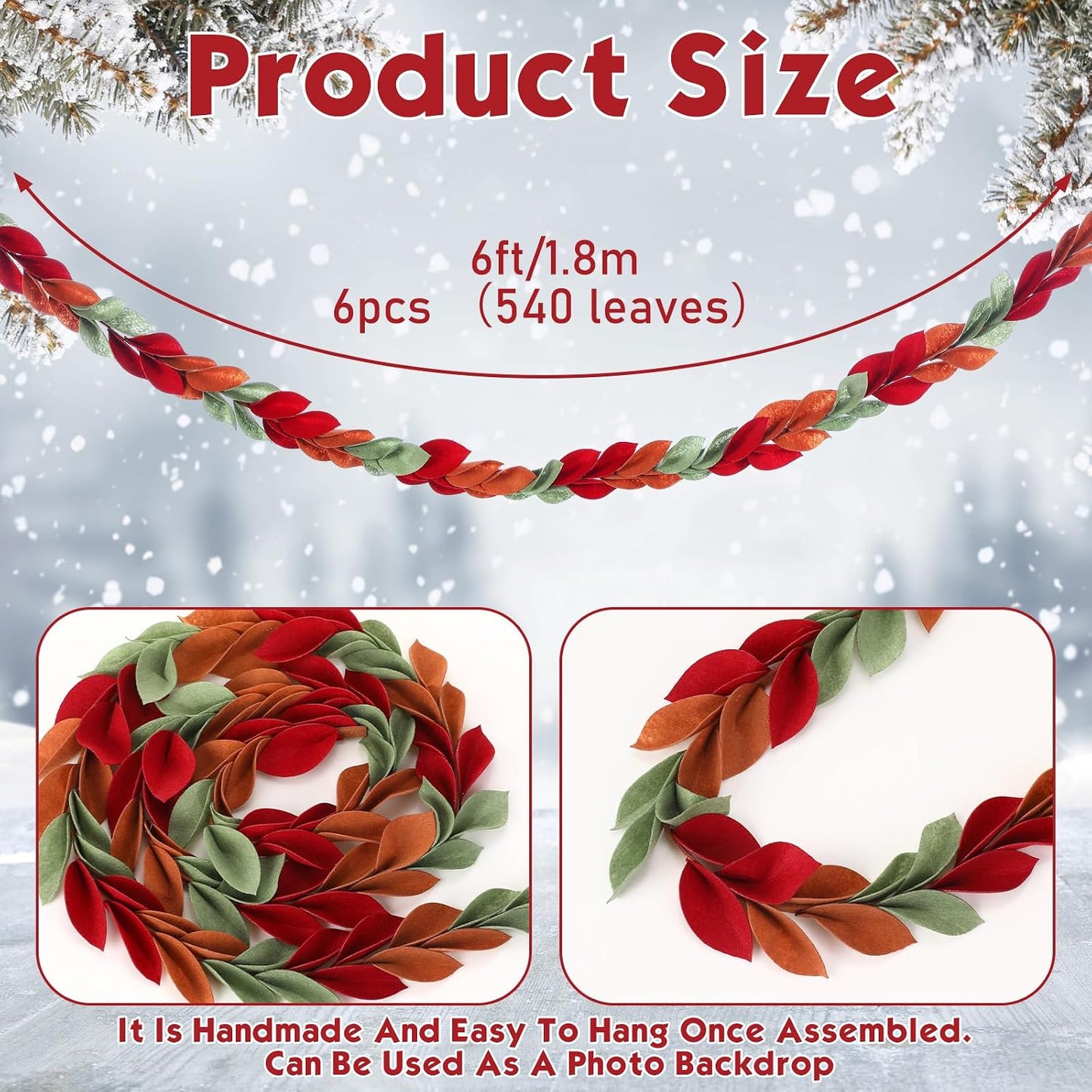 Suncalla 6 Pcs 72" Red Felt Garland Leaves Decorations for Home, Tree Felt Garland, New Year 540 Red Green Leaves Banner, Fall Rattan for New Year Themed Party, Mantel Wall Home Decoration WN420