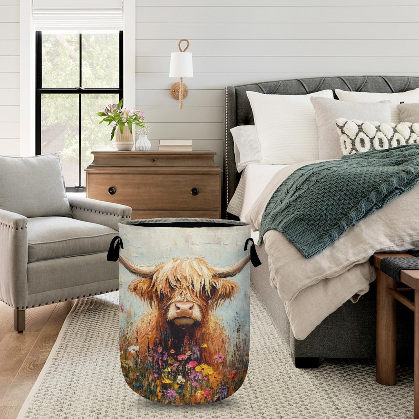 Nature Cow Print Laundry Basket with Sturdy Handles, Cow Skin Collapsible Oxford Cloth Laundry Hamper Organizer Basket for Bathroom Bedroom 15.7x20 Inch BST220