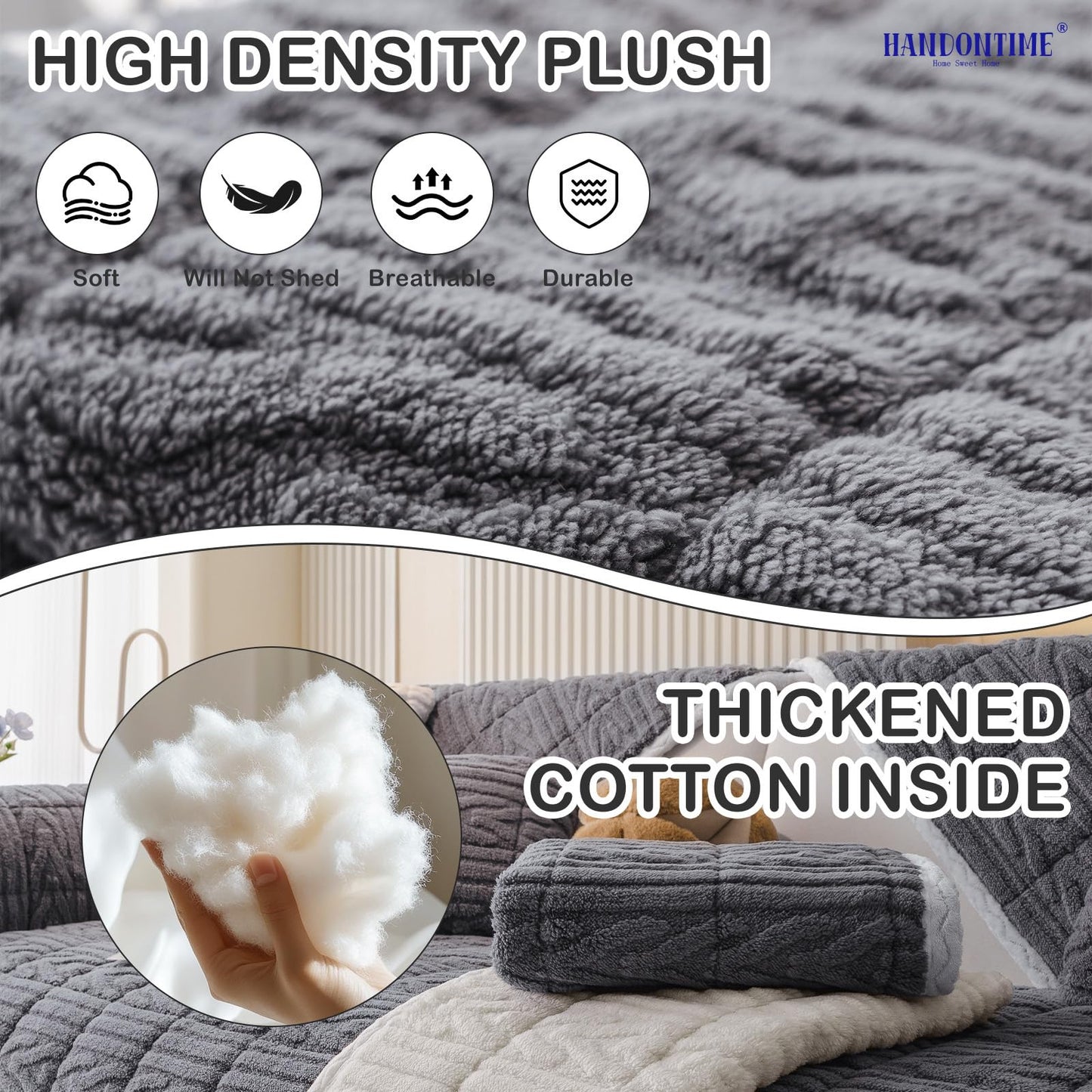 HANDONTIME Fuzzy Dog Couch Cover Washable, Pet-Friendly Sofa Covers Non-Slip Geometric Jacquard Pet Protector Furniture Cover for 3 Cushion Sofa Cozy Fuzzy Dog Mat for Couch (Grey, 35.4" x 70.9") BST202