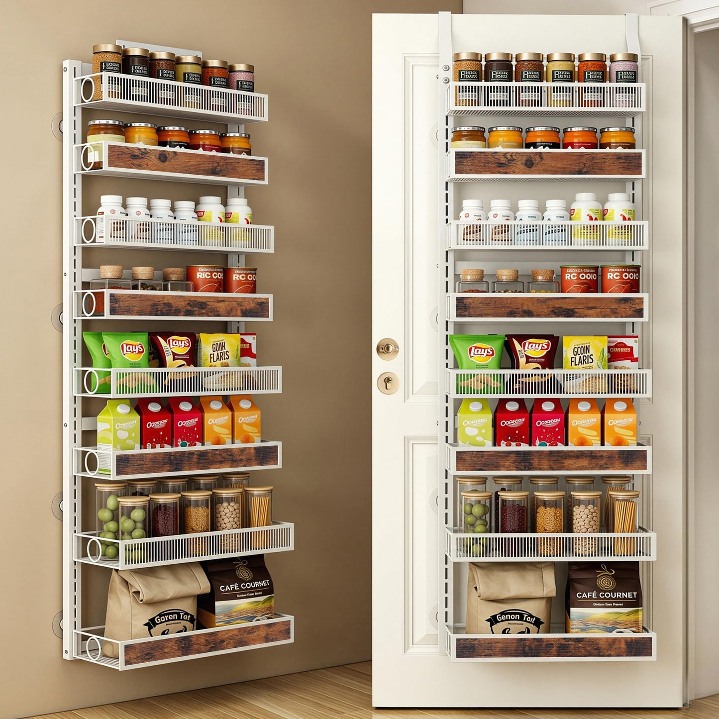 6 Tier Pantry Door Organizer Spice Rack, 2-IN-1 Wall Mount or Hanging Over Door Seasoning Organizer with Adjustable Baskets, Heavy Duty Behind Door Storage Shelves for Pantry, Cabinet and Kitchen BST220