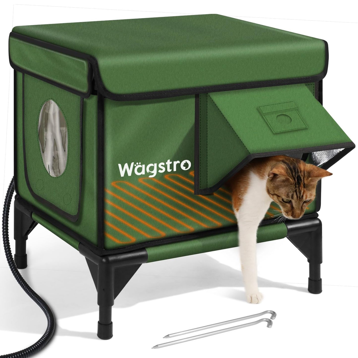 Heated Cat House for Outside, Insulated Weatherproof Heated Outdoor Cat House with Waterproof Eaves & Escape Door, Elevated Outdoor Cat Shelter for Feral Stray Cat (Green, 16.5"x13"x16.9")