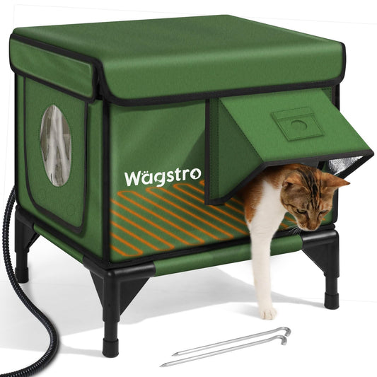 Heated Cat House for Outside, Insulated Weatherproof Heated Outdoor Cat House with Waterproof Eaves & Escape Door, Elevated Outdoor Cat Shelter for Feral Stray Cat (Green, 16.5"x13"x16.9")