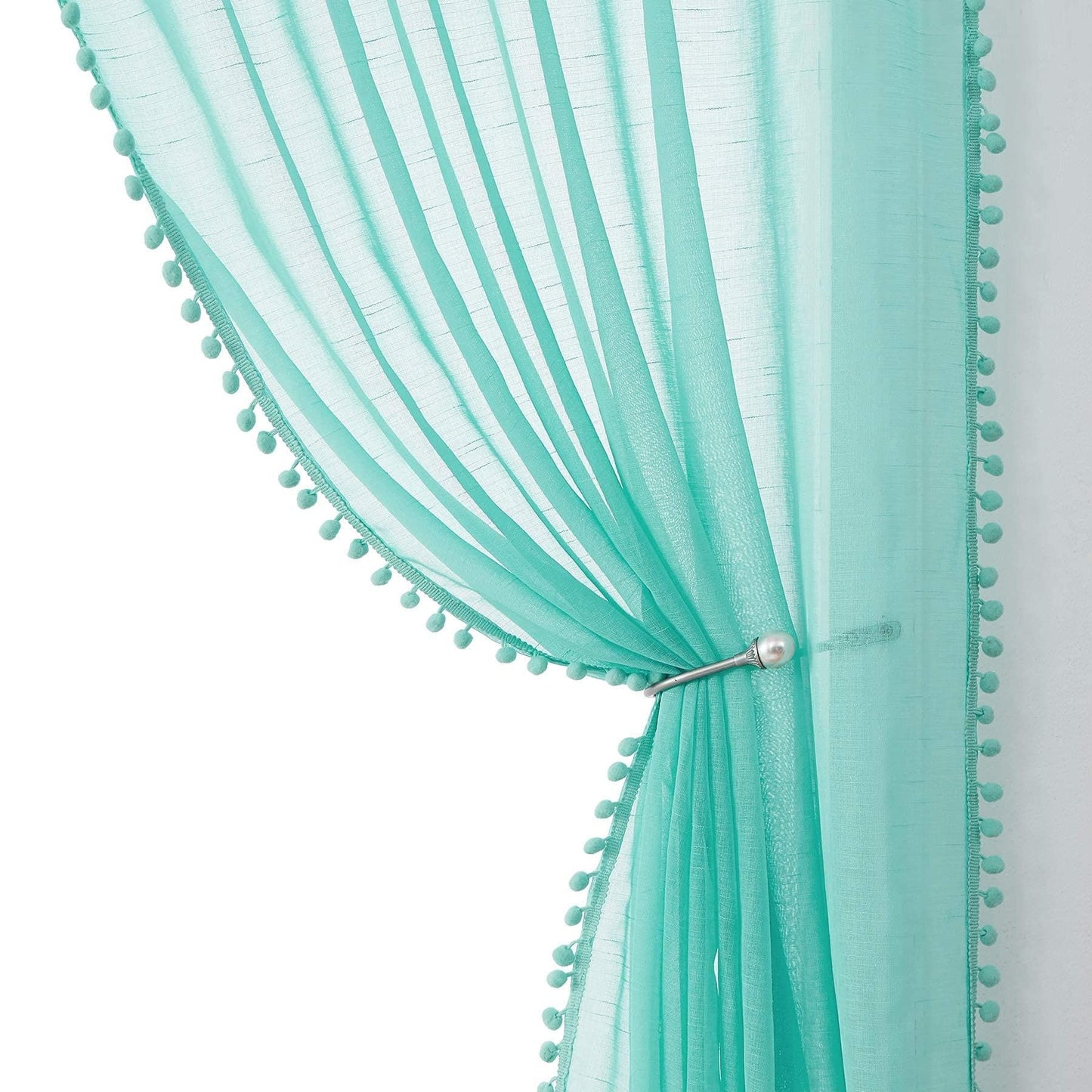 Treatmentex Pom-Pom Grey Sheer Curtains for Bedroom 63" Window Drapes Rod Pocket Textured Sheer Curtain for Kids Room 52" w 2 Panels BST202