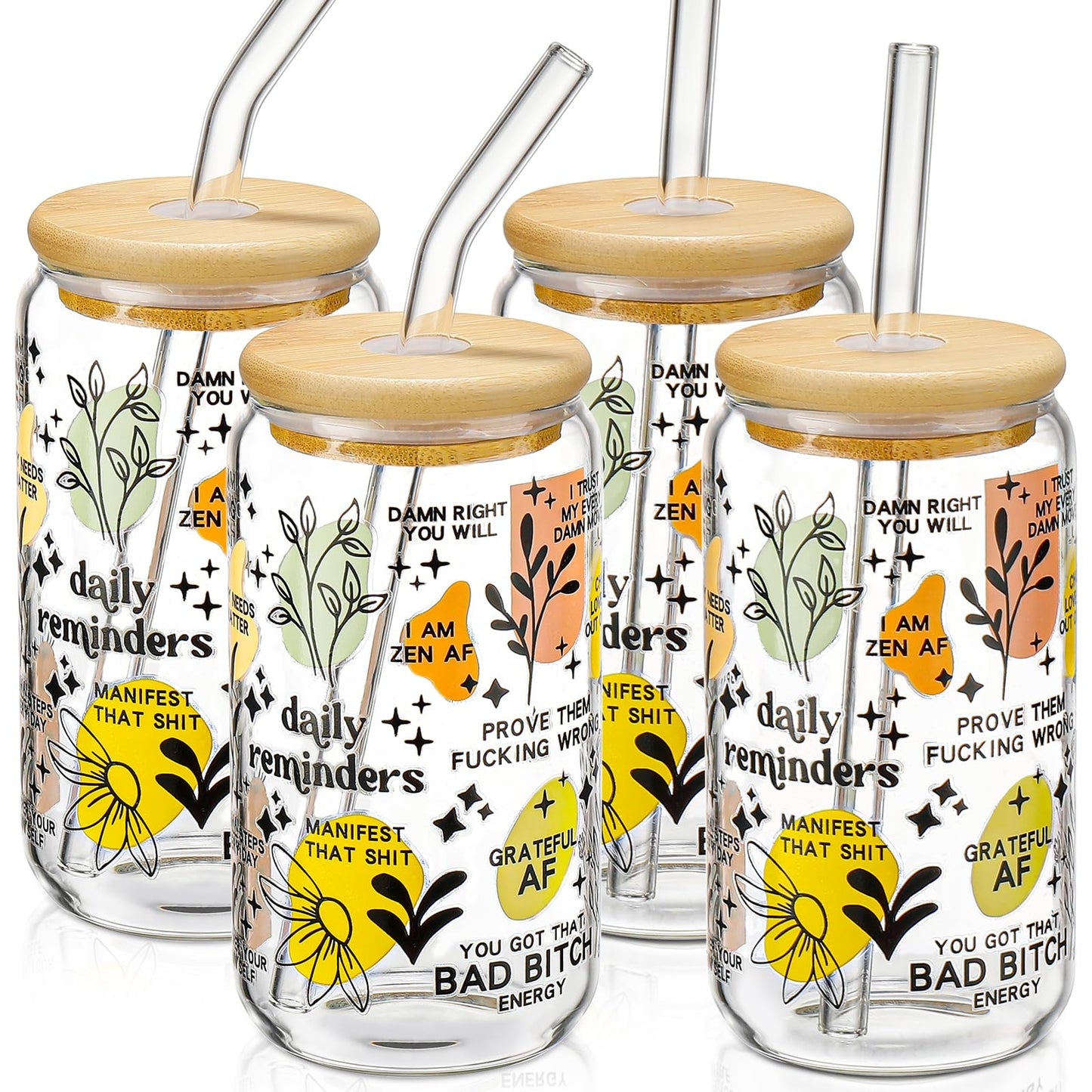 DWTS DANWEITESI Glass Cups “20oz”,Glass Cups with Lids and Straws 4 pcs-Coffee Cups,Drinking Glasses Set,Glass Tumbler with Straw and Lid Gift 2 Cleaning Brushes 600ml BST202