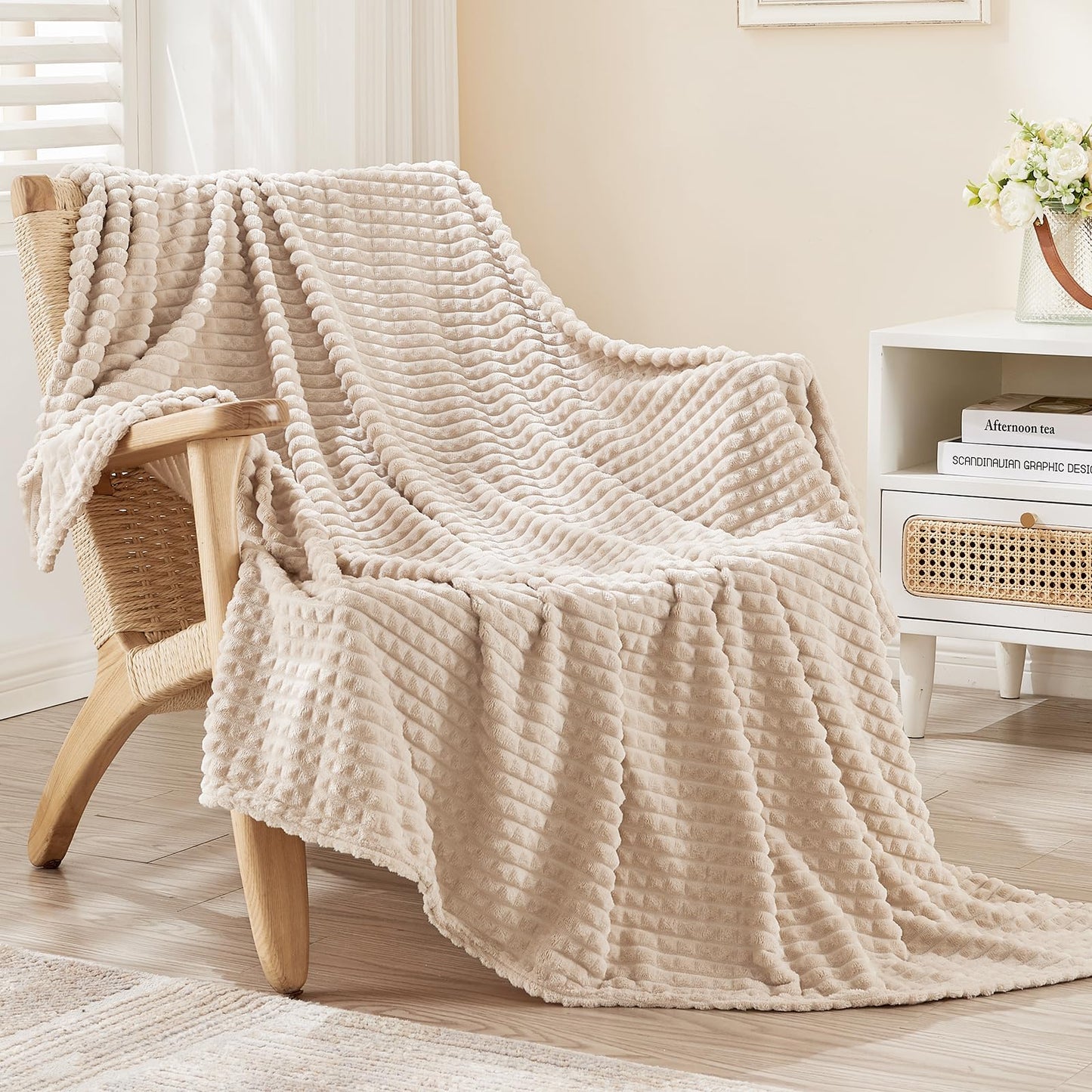 EMME Fleece Blanket, 3D Jacquard Throw Blanket for Couch and Bed, Soft Cozy and Fluffy Blankets Lightweight Luxury Flannel with Waffle Design (Navy Blue, 50" x 60") BST202