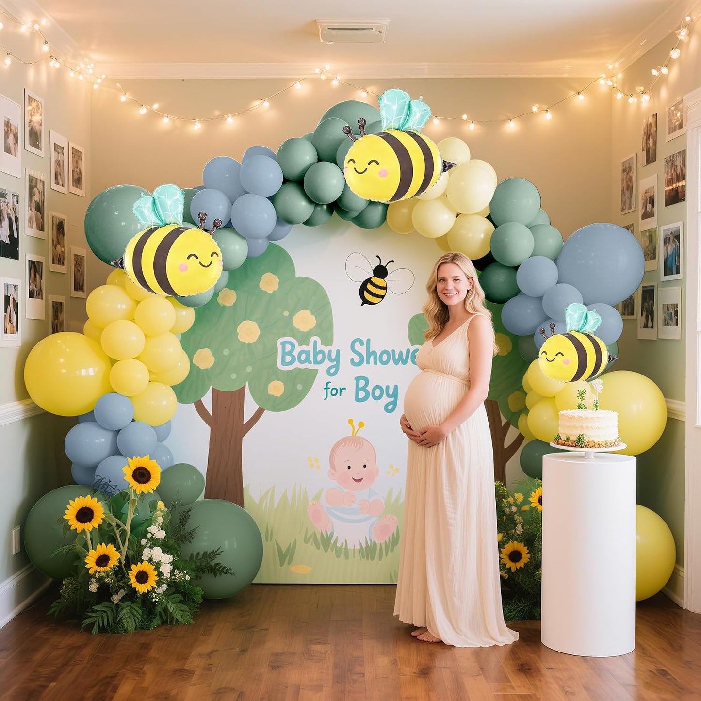 Bee Baby Shower for Boy Balloon Arch with Bee Foil Balloons 113 Pcs 18" 12" 10" Balloon Garland with Sage Green, Baby Blue, Honey Yellow & Sand White Arch for Bear Theme Party Decorations BST202
