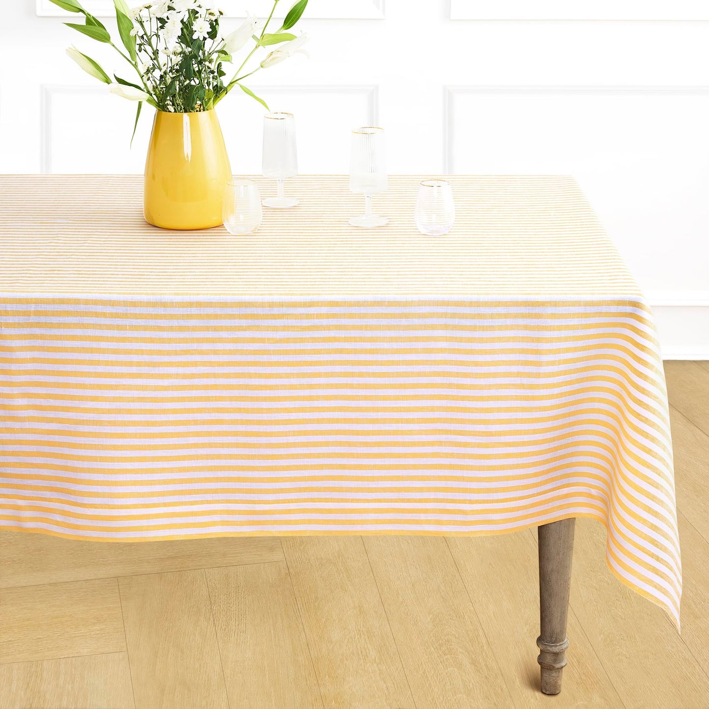 Solino Home 100% Linen Table Cloth, Throw, 52 x 52 in, Coral, Amalfi Stripe | Striped Linen Tablecloth a neat topper for bistro, card and side tables | Coral and White | Pure Linen | OEKO-TEX Certified BST326SOLH
