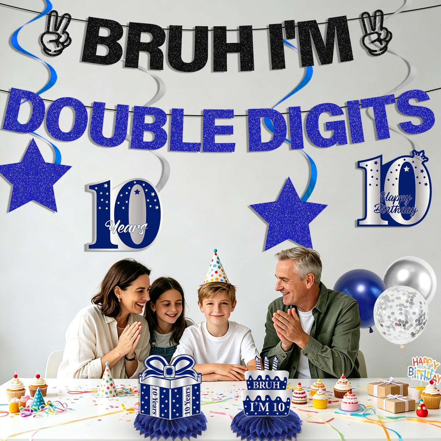10th Birthday Decorations Banner Boys - 11 Pcs Silver Black Bruh I'M Double Digits Banners Hanging Swirls Honeycomb Table Decoration Latex Balloons For Boy 10 Year Old Bday Party Supplies BST220