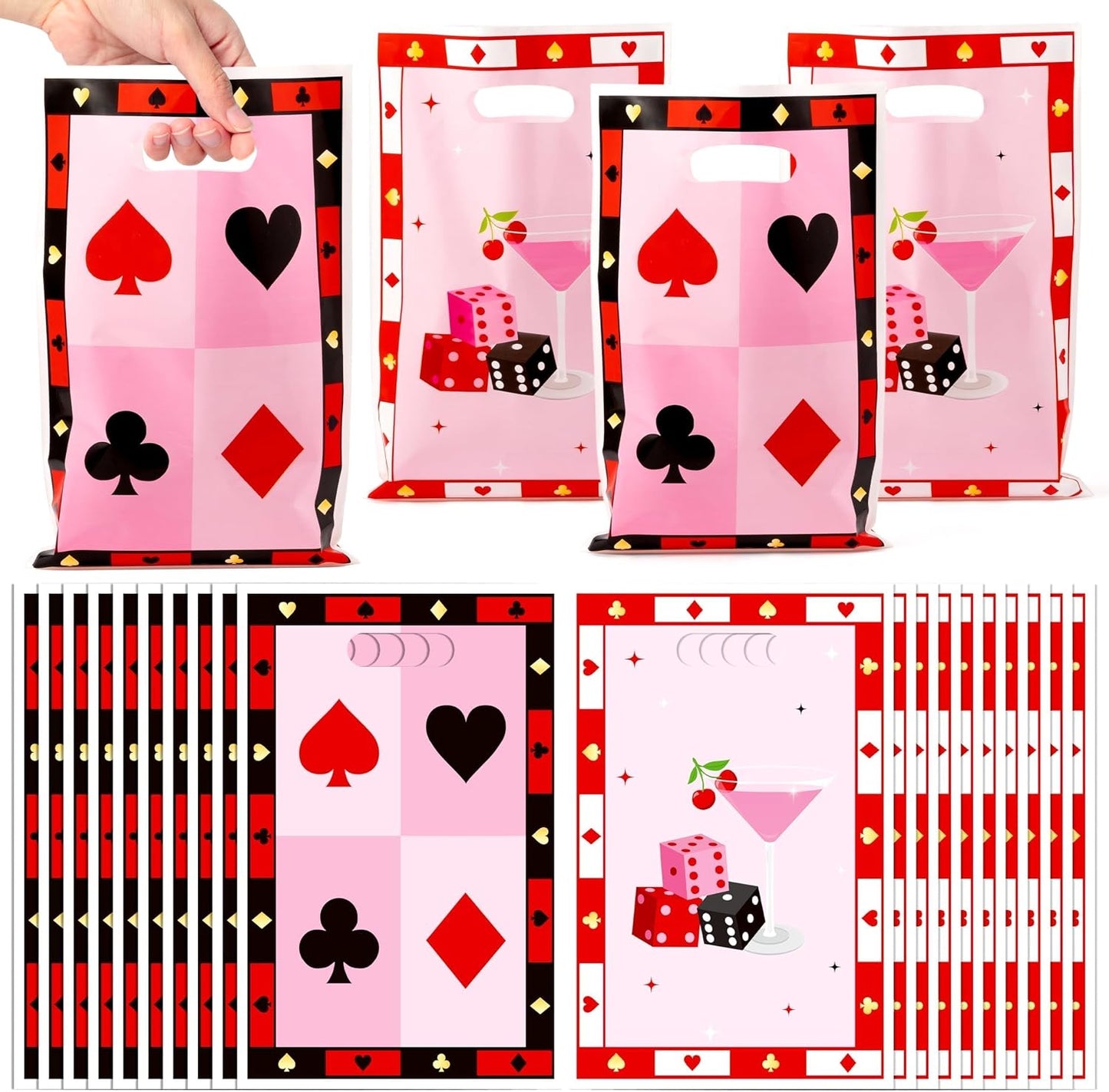 Salovio Pink Casino Party Favor Bags 50Pcs Candy Cookie Treat Goodie Plastic Bags with Handle for Birthday Music Party Supplies Casino Game Night Poker Events Carnival Wedding for Adults Womens Mens BST202
