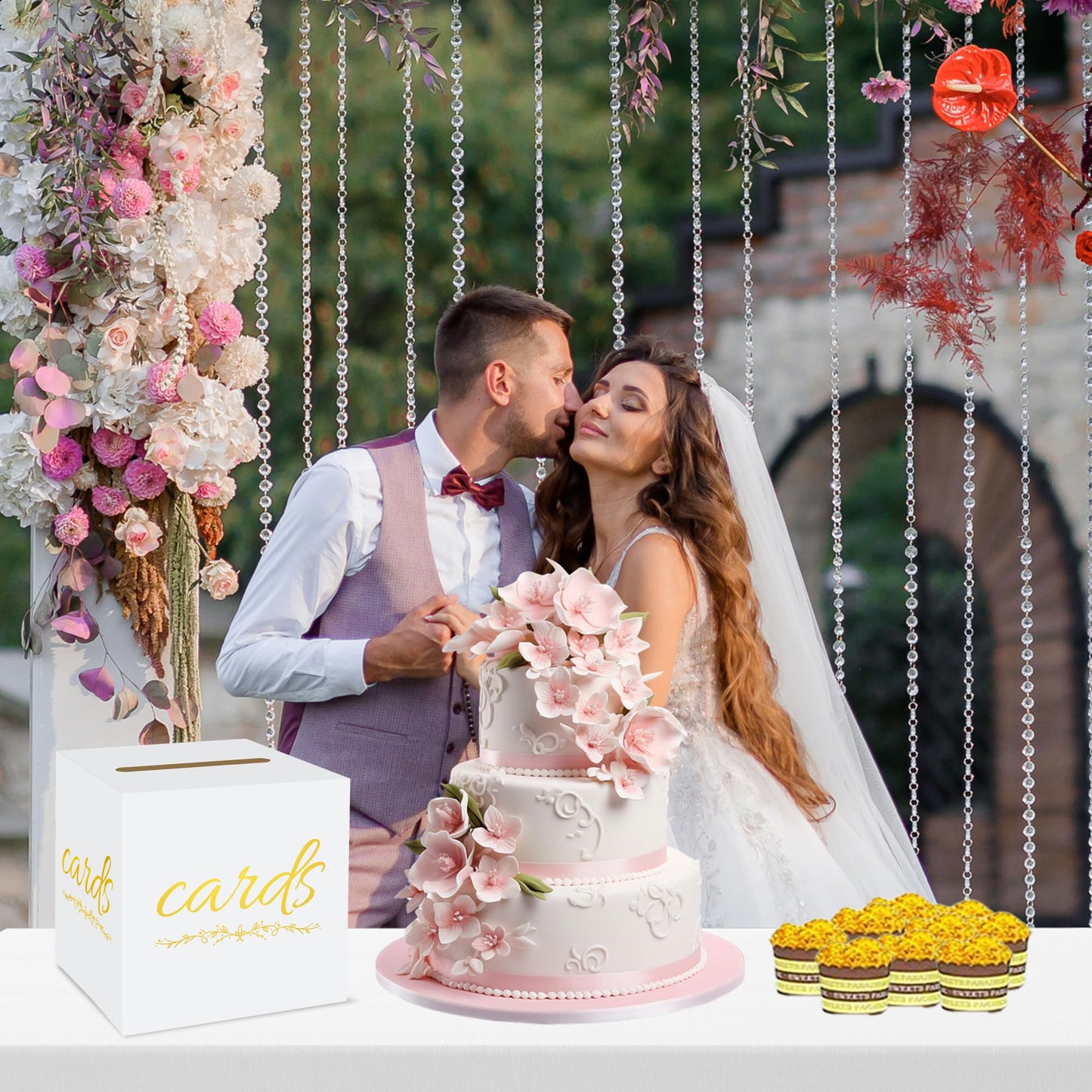 1 Pack White and Gold Wedding Card Box for Party Graduation Bridal Baby Shower Retirement Decorations Cardboard Birthday Card Holder Raffle Ballot Voting Box with Slot 7.8 x 7.8 x 7.8 In BST220