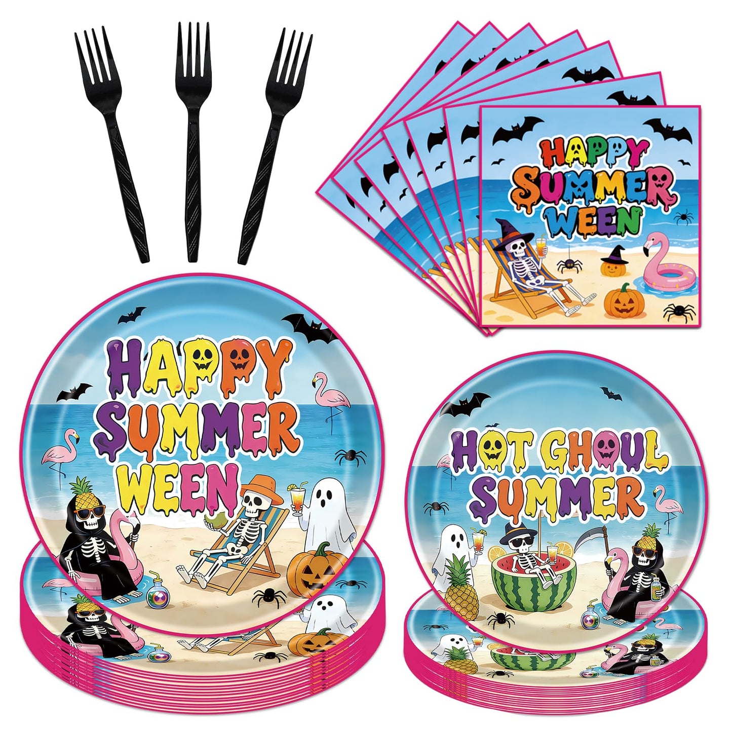 Gameza July Christmas Party Decorations Tableware, 96PCS There's Some Hohoho's in July Disposable Paper Plates and Napkins Decoration, Summer Xmas Beach Forks Decor Supplies Serves 24 BST220