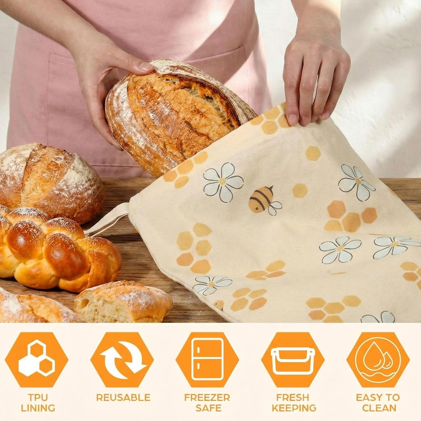 Reginary 3 Pack Beeswax Bread Bags for Sourdough & Homemade Bread 17 x 13'' XL Reusable Organic Linen Beeswax Wraps with Sealing Zip for Fresh Food Storage Loaf Freezer Baker Present(Bee Style) BST326L