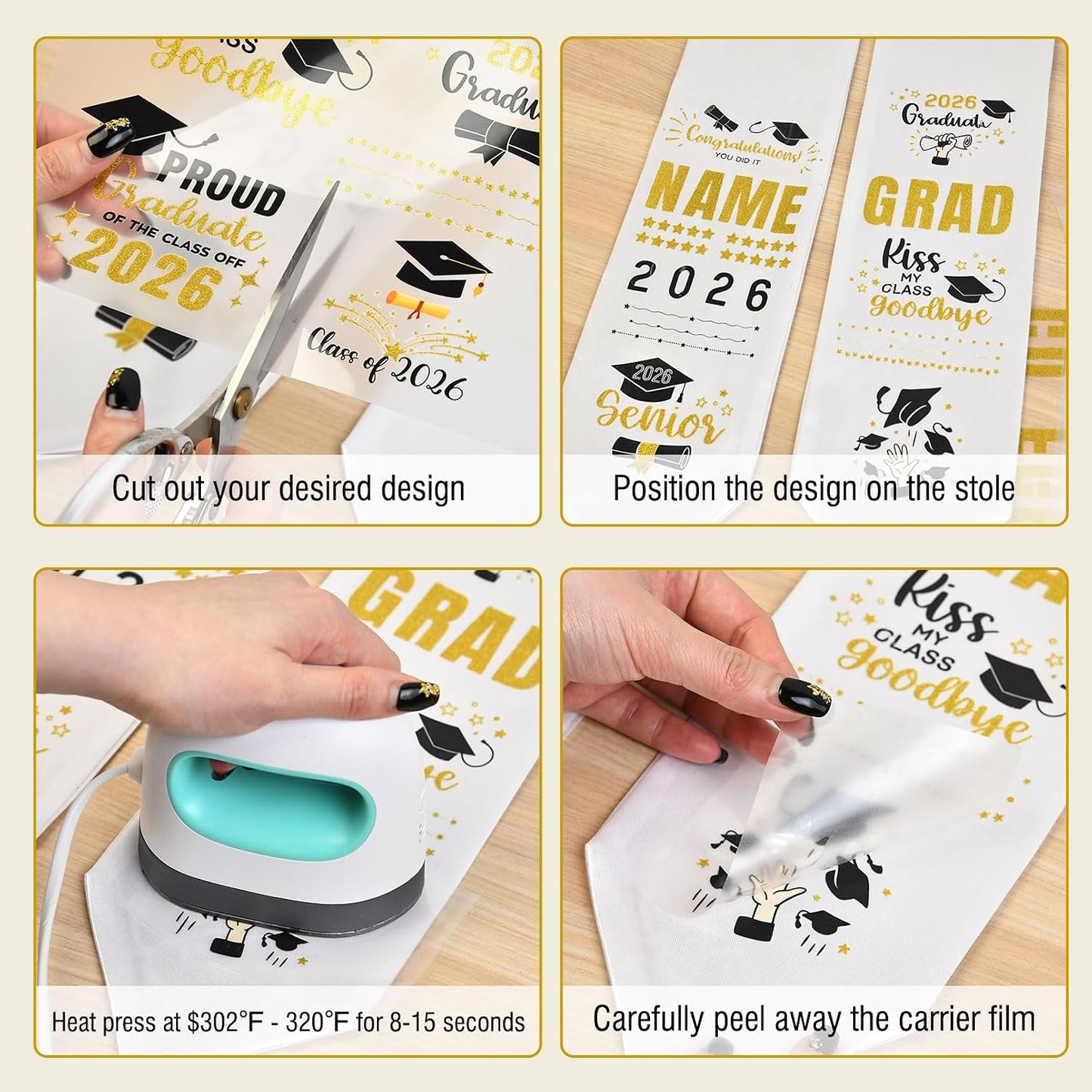 Graduation Stole Sash Class of 2026 Iron on Transfers - Personalized DIY Heat Transfer Vinyl HTV Cutouts Set for Custom Graduation Sash Cap and Gown Decorations BST220
