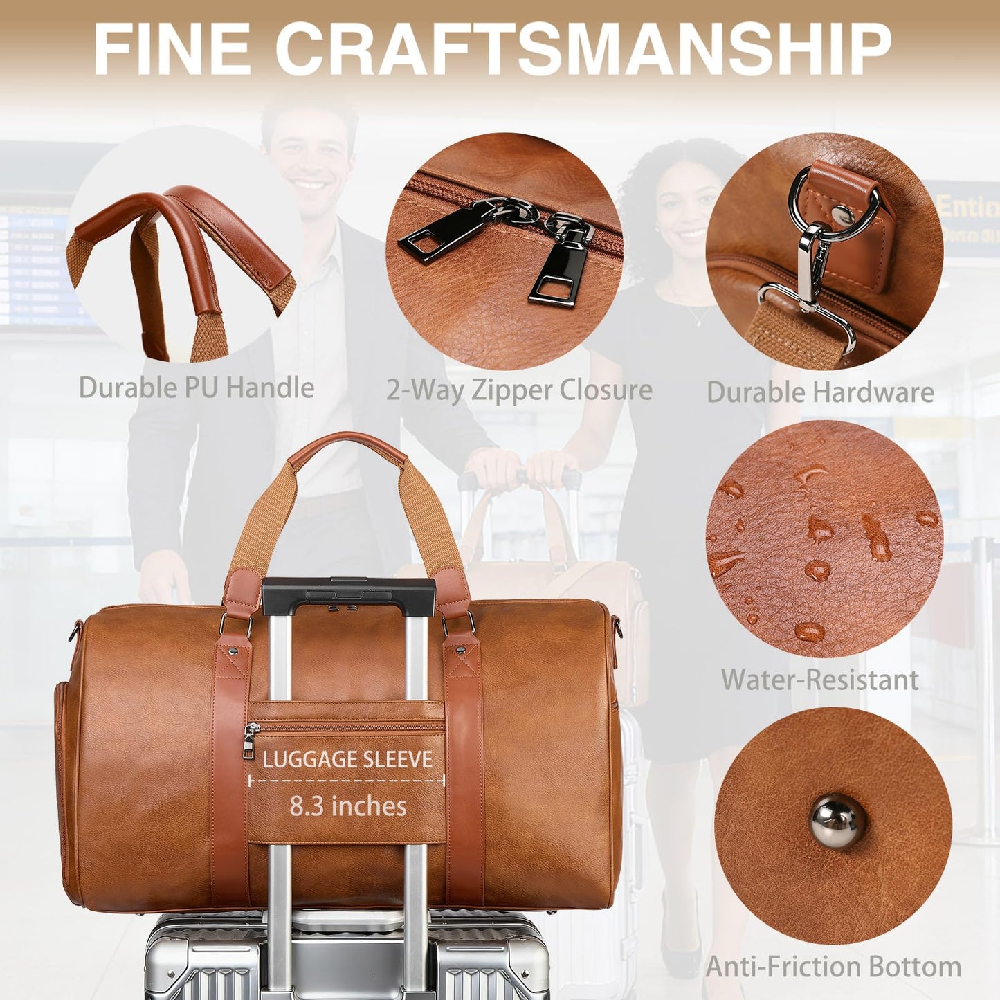 Large 4-in-1 Leather Duffle Bag for Travel Weekender Overnight Hospital Gym Bag for Men & Women, Carry On Airline Approved Personal Item Duffel Garment Bag Luggage with Shoe Compartment & Toiletry Bag BST326H