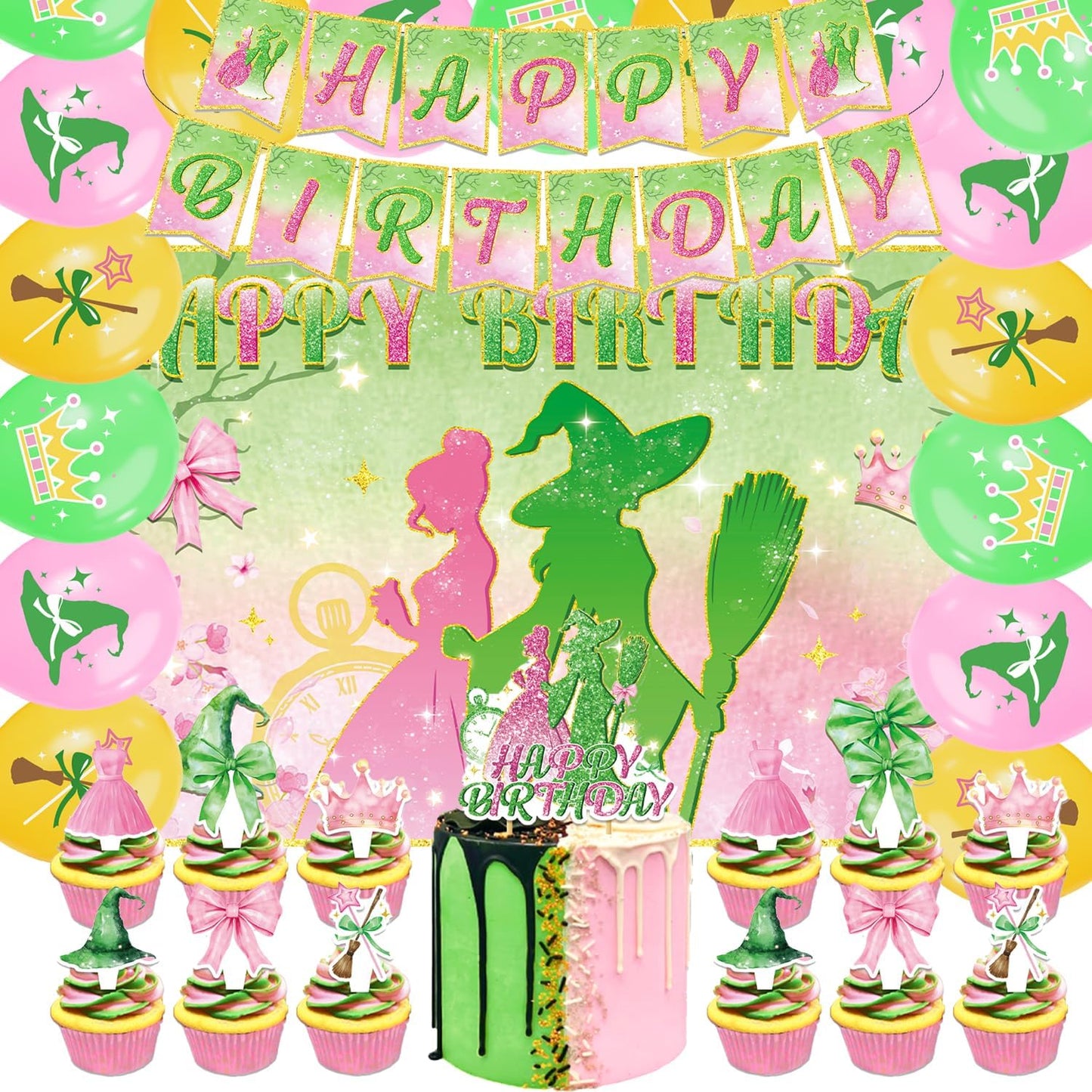 42Pcs Halloween Witch Birthday Party Decorations Pink and Green Backdrop Witch Princess Cake Decorations Toppers Cupcake Toppers Balloons for Halloween Witch Party Supplies BST326H