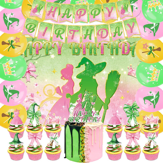 42Pcs Halloween Witch Birthday Party Decorations Pink and Green Backdrop Witch Princess Cake Decorations Toppers Cupcake Toppers Balloons for Halloween Witch Party Supplies BST326H