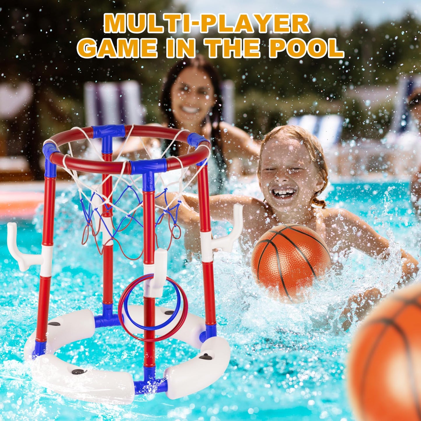 Taotuo Blue Floating Pool Basketball Hoop with Backboard, 2-in-1 Poor Toy Basketball & Ring Toss Game with 4 Balls, 6 Rings&Pump, Summer Pool Toys Outdoor Water Fun Family Party for Age 3-12 DD1210