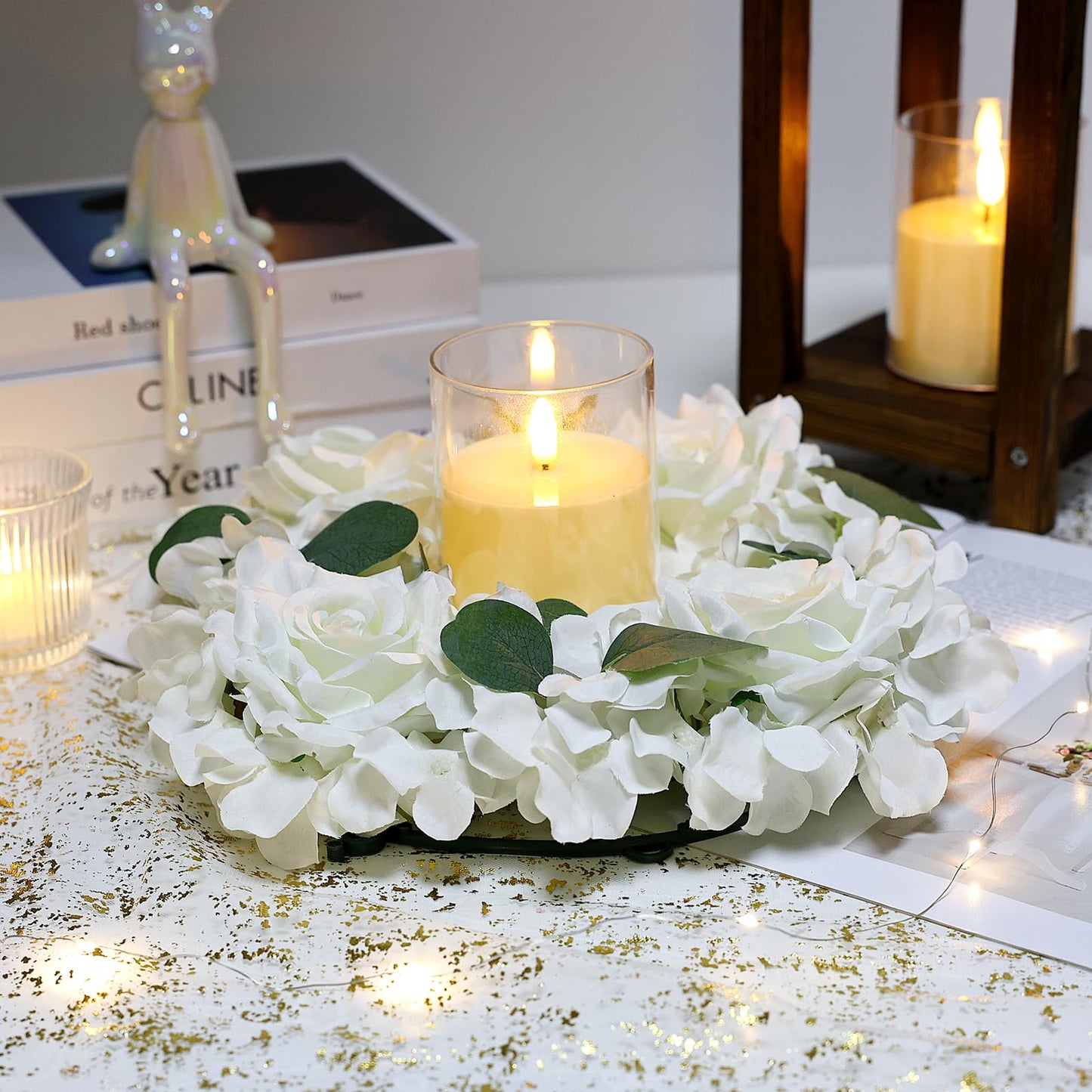 Artificial Flower Candle Rings - 6 Inch Inner Rose Floral Wreaths for Wedding Bridal Event Table Centerpieces Backdrop Decorations (Dusty Pink & White, 6 X Candle Rings) WN420