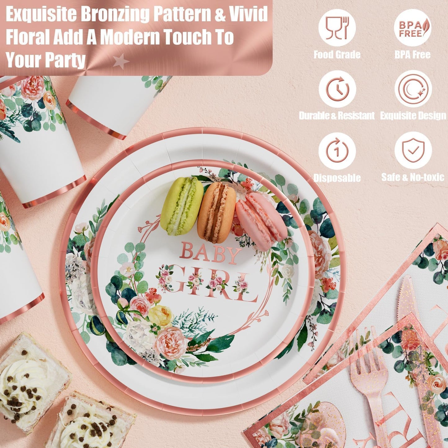 Woodland Baby Shower Decorations Supplies - 175PCS Forest Animal Disposable Dinnerware Set (25 Guest) With Gold Paper Plates Cups Napkins Plastic Fork Knives Spoon for Baby Boy Birthday Party BST326H