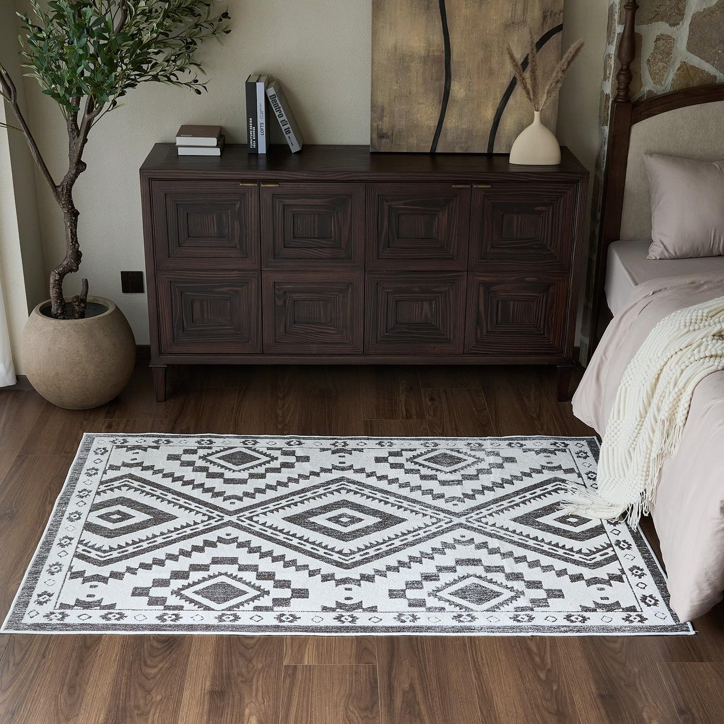 Moroccan Washable Area Rug 3x5, Geometric Tribal Decorative Woven Rug, Non-Slip Boho Farmhouse Soft Low-Pile Area Rug for Living Room Bedroom Nursery Dining Table, Dark Brown/White BST326H
