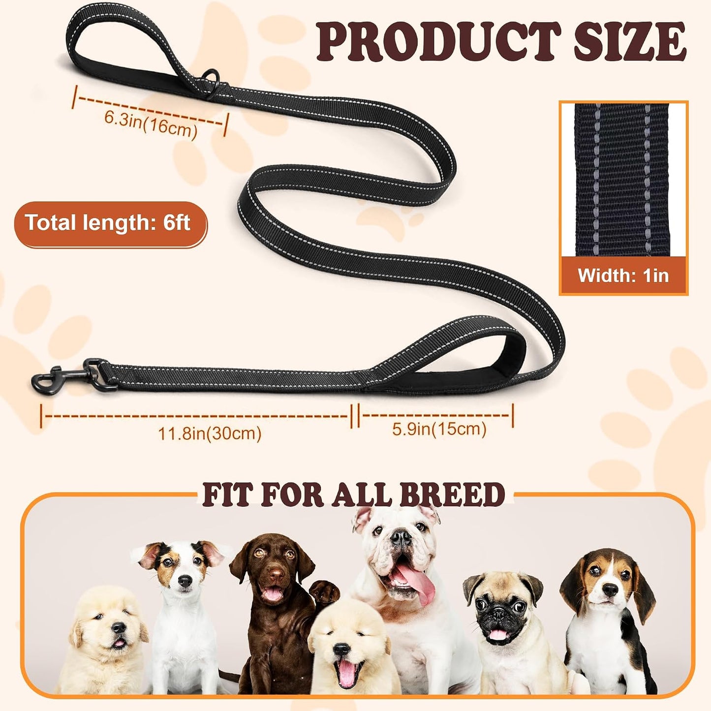 6FT Heavy Duty Dog Leash with Double Padded Handles, Traffic Handle & Reflective Nylon, Durable Walking Lead with Easy Snap Hook for Large, Medium & Small Dogs WN420