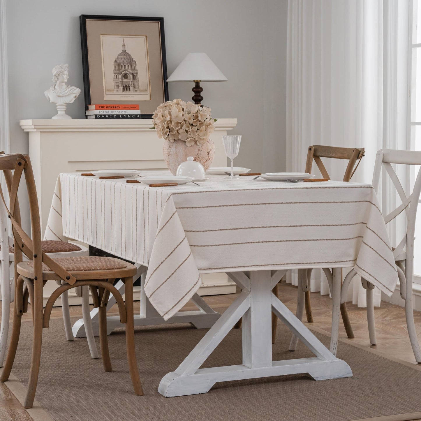 Caflife White Square Tablecloth 55x55 Inch, Cotton Linen Polyester Blend Stripes Table Cloth, Farmhouse Boho Decorative Table Cover for Dining Room Party Buffet Home Kitchen Table Decor BST202
