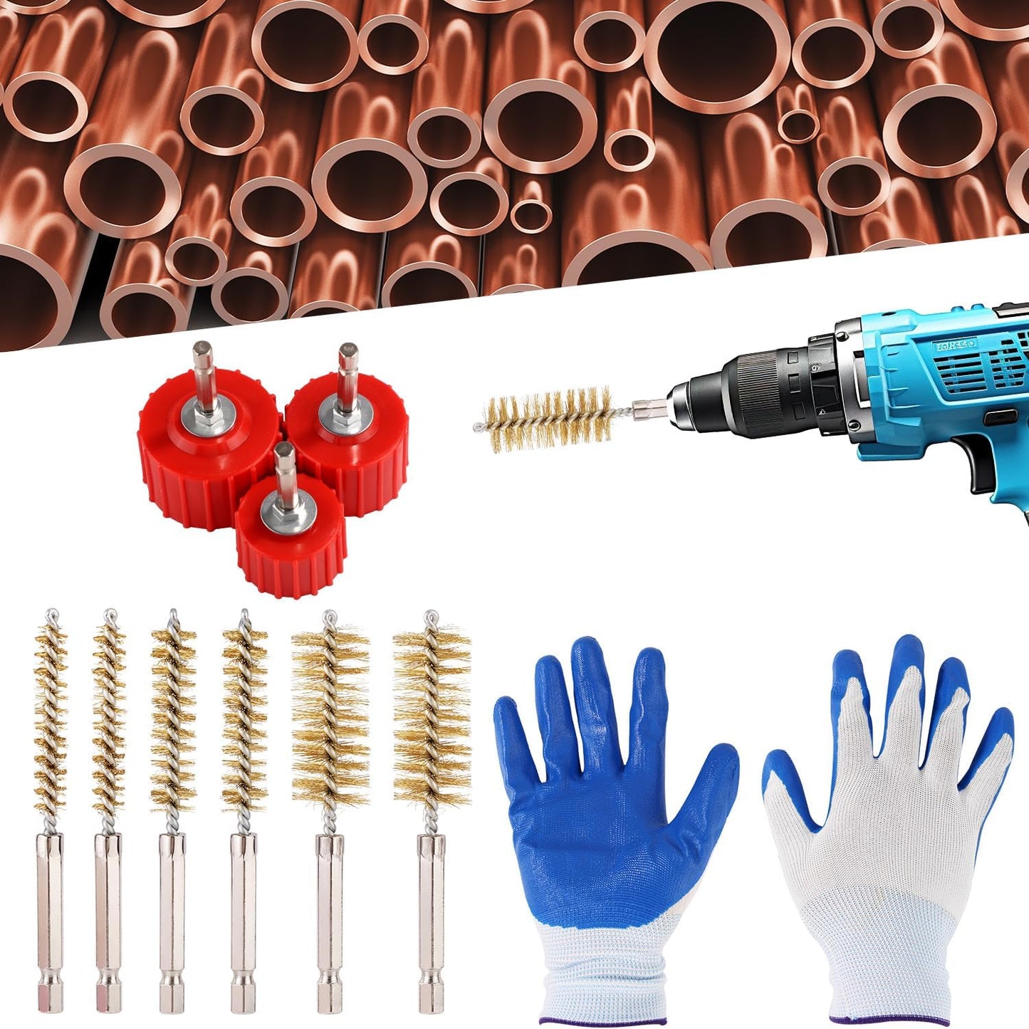 9-Piece Copper Pipe Cleaner Kit for Power Drill, 1/2" 3/4" 1" Alloy Tube Cleaning Brush & 6pcs Wire Bore Brush Fitting Tool with Gloves for Brass & Bronze Pipes Soldering Maintenance BST326H