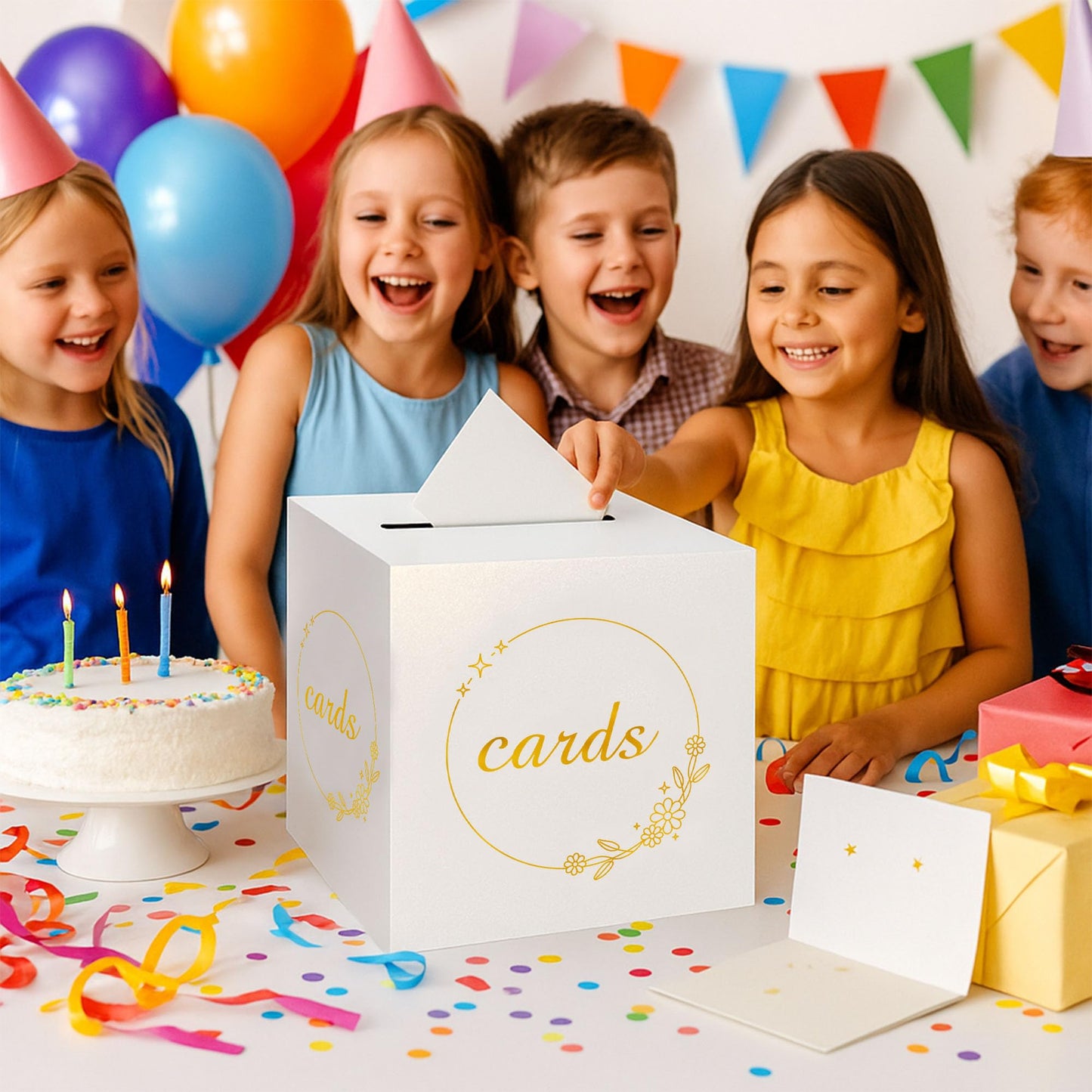 1 Pack White and Gold Wedding Card Box for Party Graduation Bridal Baby Shower Retirement Decorations Cardboard Birthday Card Holder Raffle Ballot Voting Box with Slot 7.8 x 7.8 x 7.8 In BST220