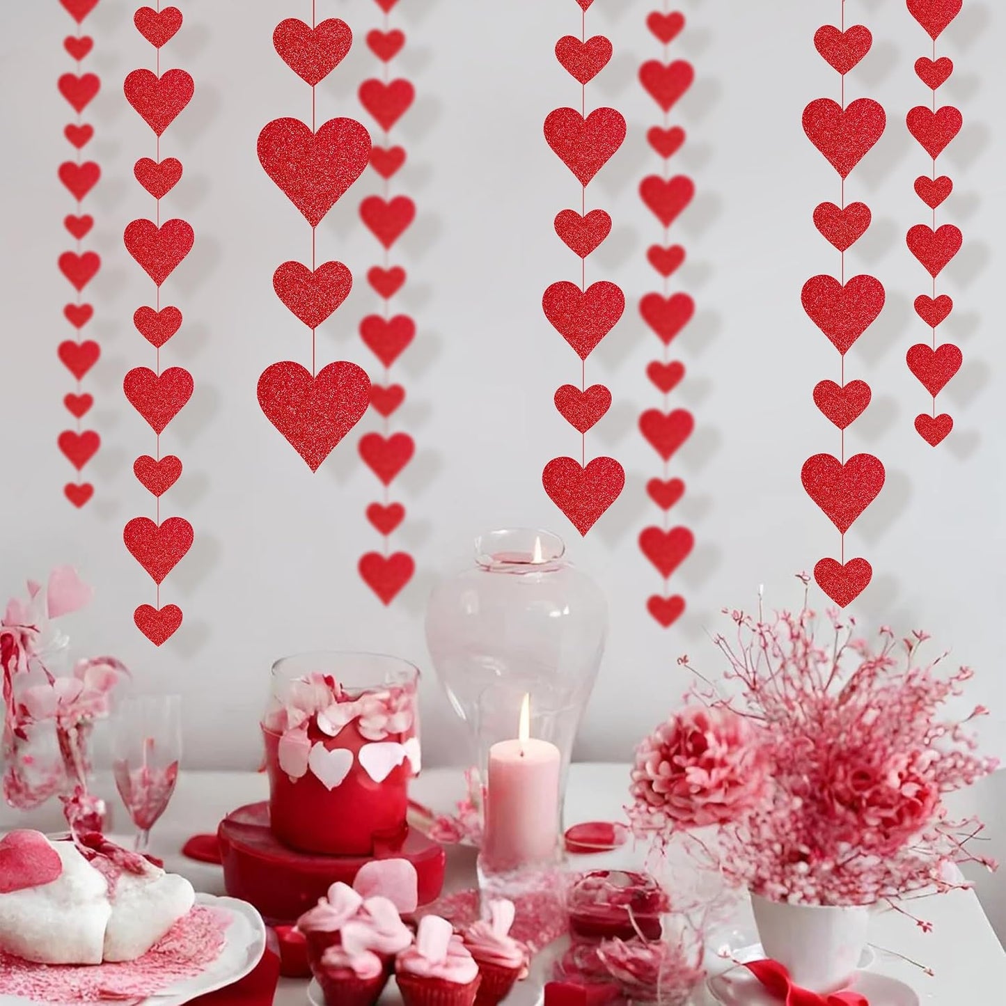 4 Pack Glitter Heart Garland Valentines Day Decorations Paper Hearts Streamers Hanging Hearts Decorations for Valentines Galentines Day Birthday Bridal Shower Wedding Engagement Anniversary (Red) BST326L