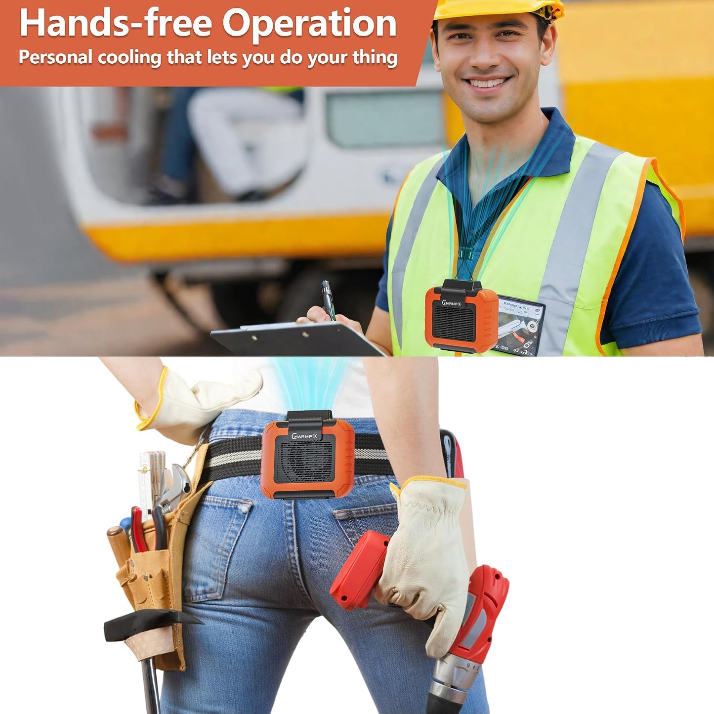 Portable Waist Fan - 6000mAh Battery, 3 Speeds, Strong Airflow, Up to 16 Hours Working Time, Portable Hands-Free Cooling Belt Clip Fan for Construction Workers, Couriers, and Campers BST202