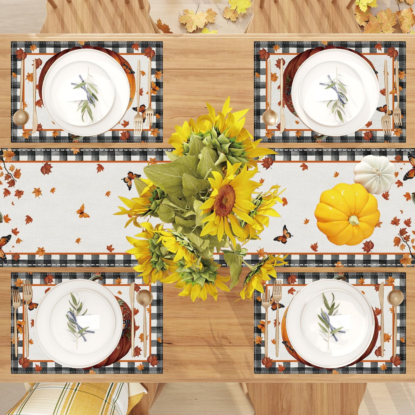 Linen Fall Placemats Set of 4 Fall Table Mats Farmhouse Pumpkin Butterfly Decor for Home Autumn Thanksgiving Home Kitchen Dining Room Table Decorations BST220