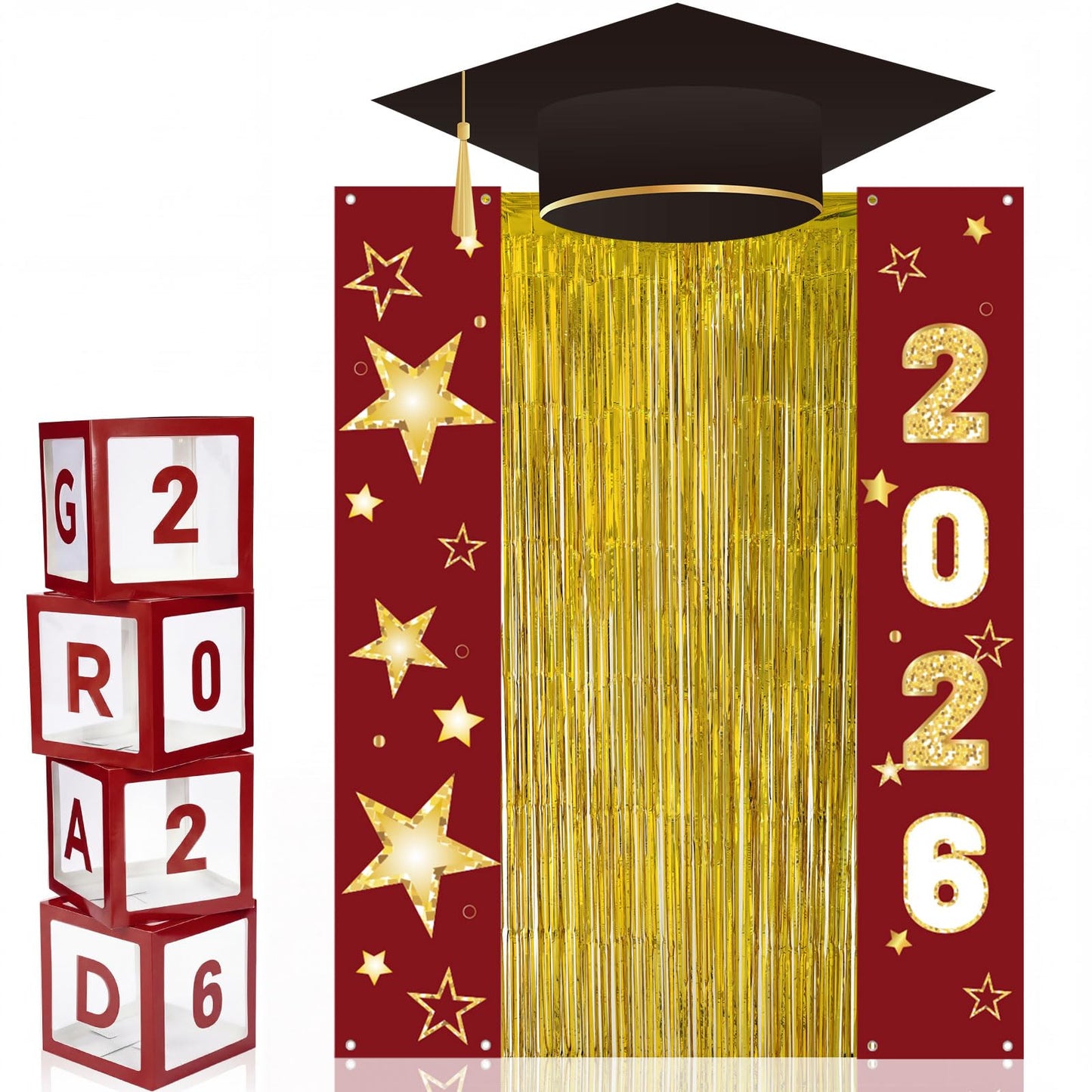 Frienda 9 Pcs 2026 Graduation Party Decoration Include Grad Box, Class of 2026 Graduation Door Porch Banner with Tinsel Curtain, Grad Photo Backdrop for College School Congrat Party Decoration(Blue) BST326H