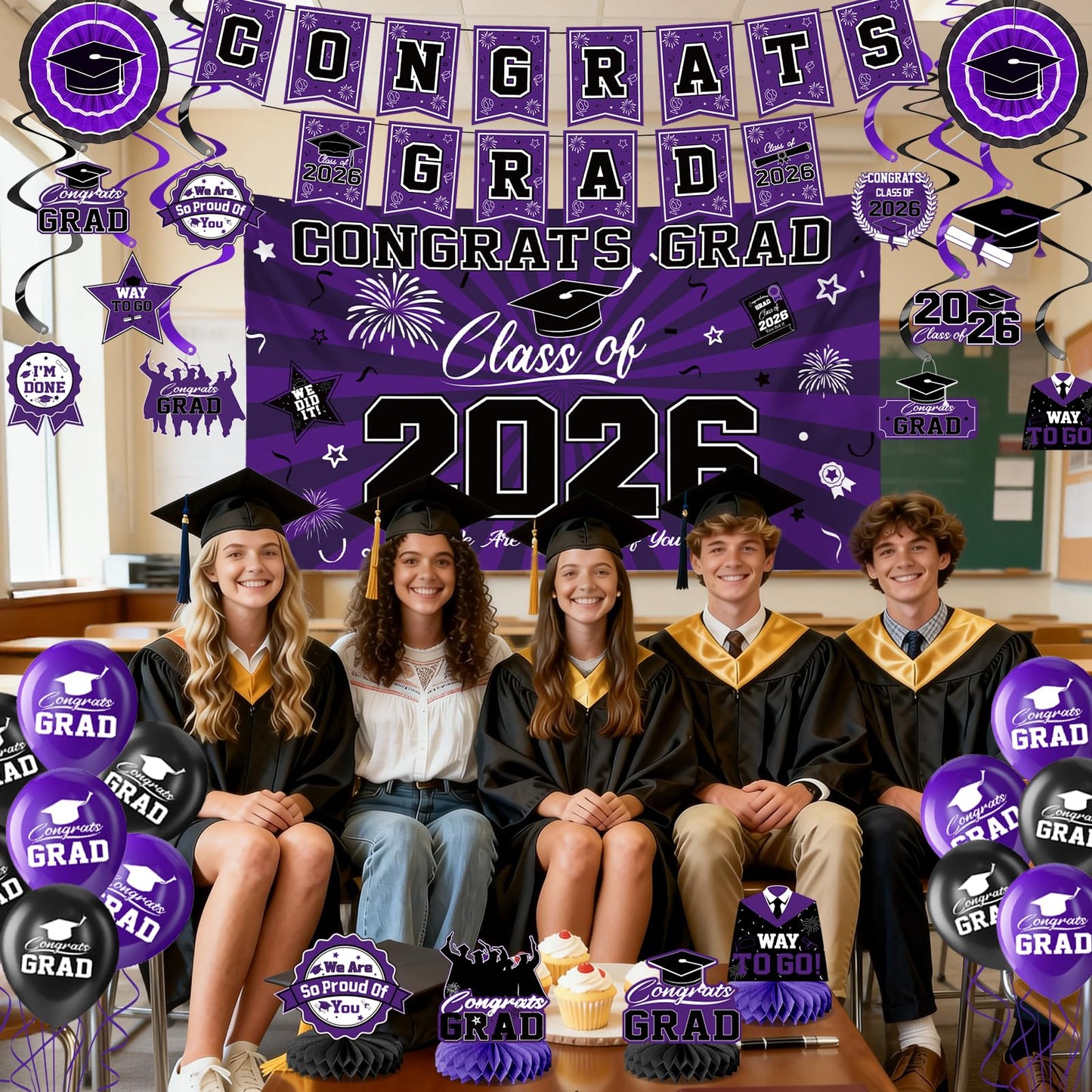 Graduation Decorations 2026-Blue and Black Graduation Party Decorations Supplies Class of 2026 with Graduation Banner, Backdrop, Balloons, Centerpieces, Hanging Swirl for Grad Party BST326H