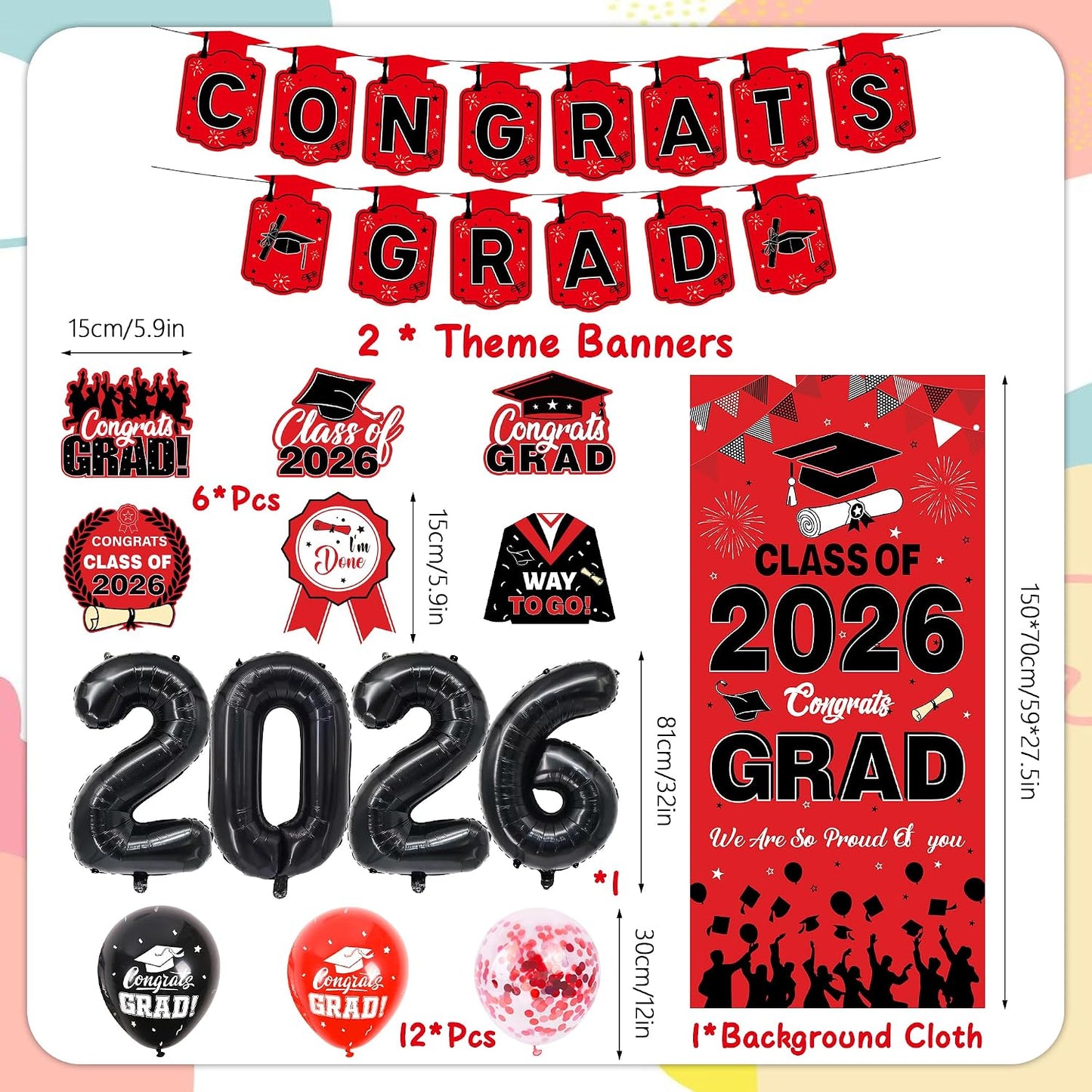 Class Of 2026 Graduation Decorations - 26 Pcs Red Black Congrats Grad Banners Vertical Backdrop Hanging Swirls Number Foil Balloons for Boys Girls High School College Grad Party Decoration Supplies BST220