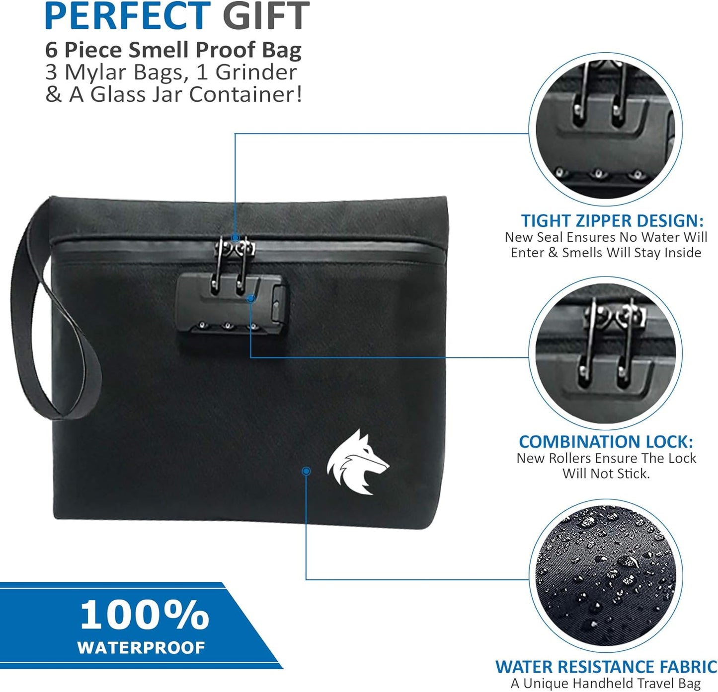 Upgraded Smell Proof Bag | 6 Piece Durable Waterproof Container Includes A Combination Lock, 3 Smell Proof Bags, Custom Grinder and A 50 Gram UV Blocking Herb Glass Container | 11x7.5x2.5 (Black)