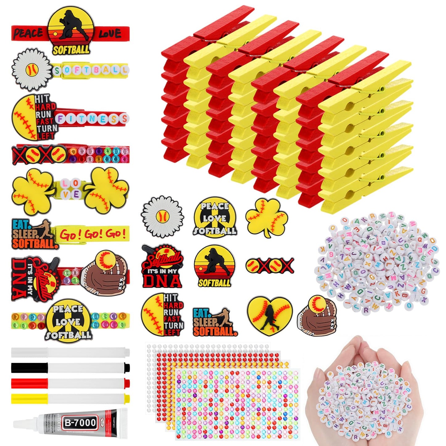 Amyhill 60 Sets Baseball Cheer Pins Wooden DIY Spirit Clips Clothes Pins with 260 Alphabet Beads 4 Rhinestone Stickers 4 Markers 9 ml Glue 60 Baseball Stickers for Cheerleaders Gifts Backpacks Decor BST326H