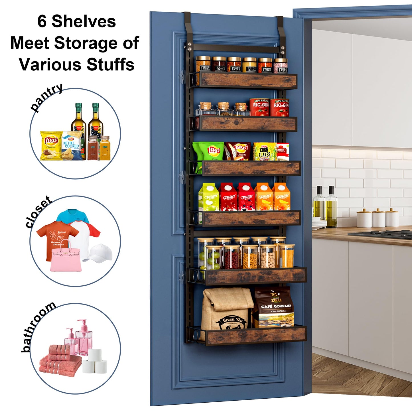 8 Tier Over The Door Pantry Orangizer 2 IN 1 Wall Mounted or Hanging Spice Rack with Adjustable Wood Basket,Heavy Duty Seasoning Storage Shelf for Kitchen Pantry and Bathroom BST220