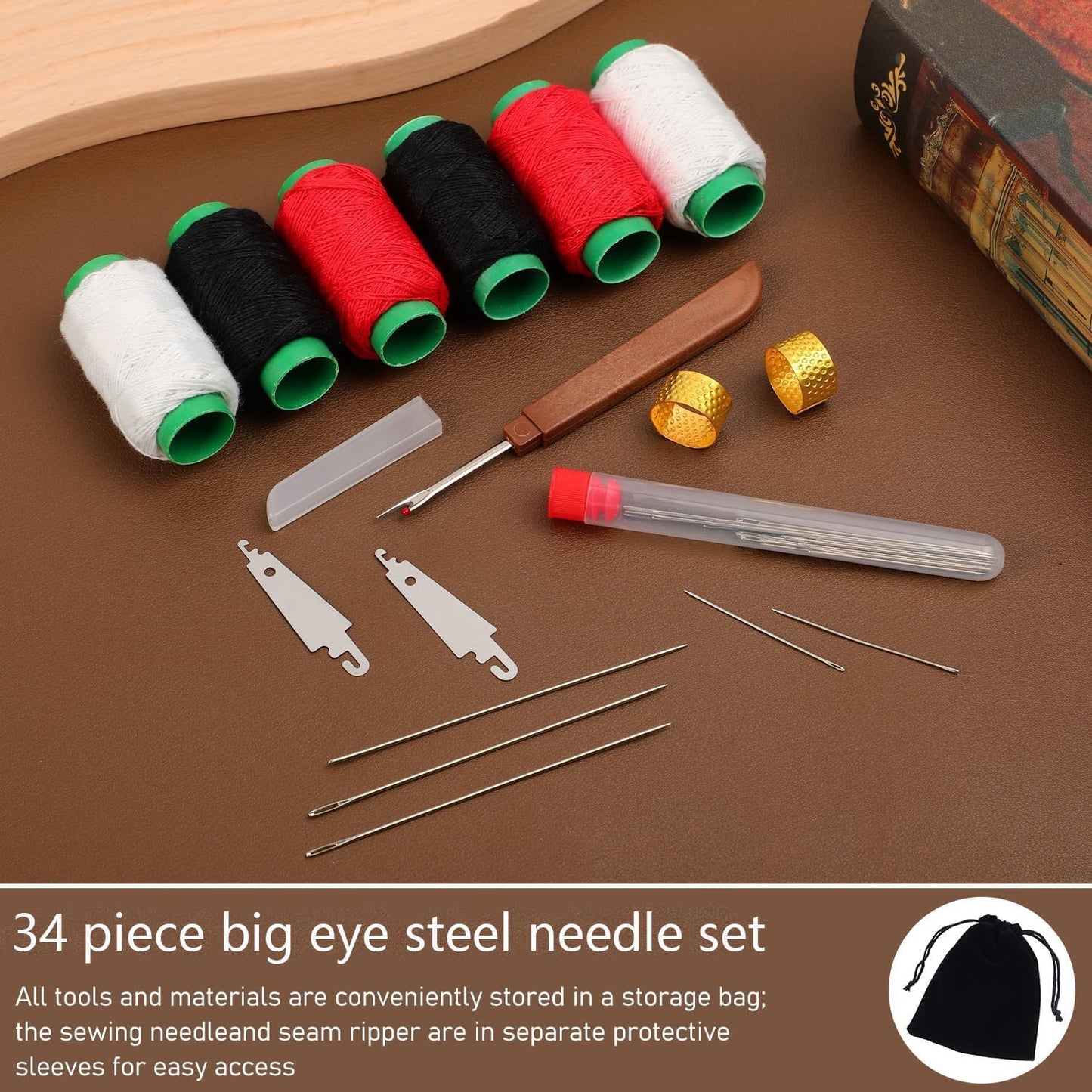 JANTORSGD Steel Needles for Hand Sewing, Big Eye Steel Sewing Needles Kit, Stainless Steel Sewing Needles and Threaders for Handicraft Enthusiasts, Portable DIY Handcraft Set, 34Pcs BST220